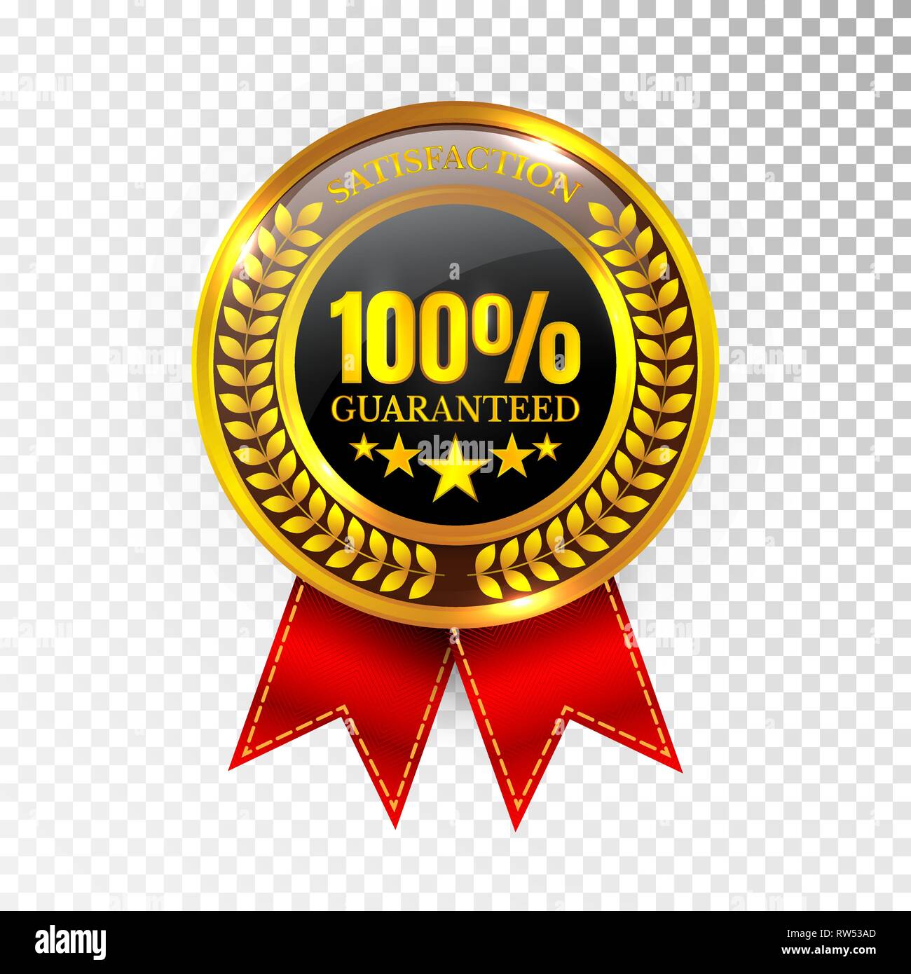 100% Zufriedenheit Garantiert goldene Medaille Label Symbol Dichtung Zeichen isoliert auf weißem Hintergrund. Vektor. Stock Vektor