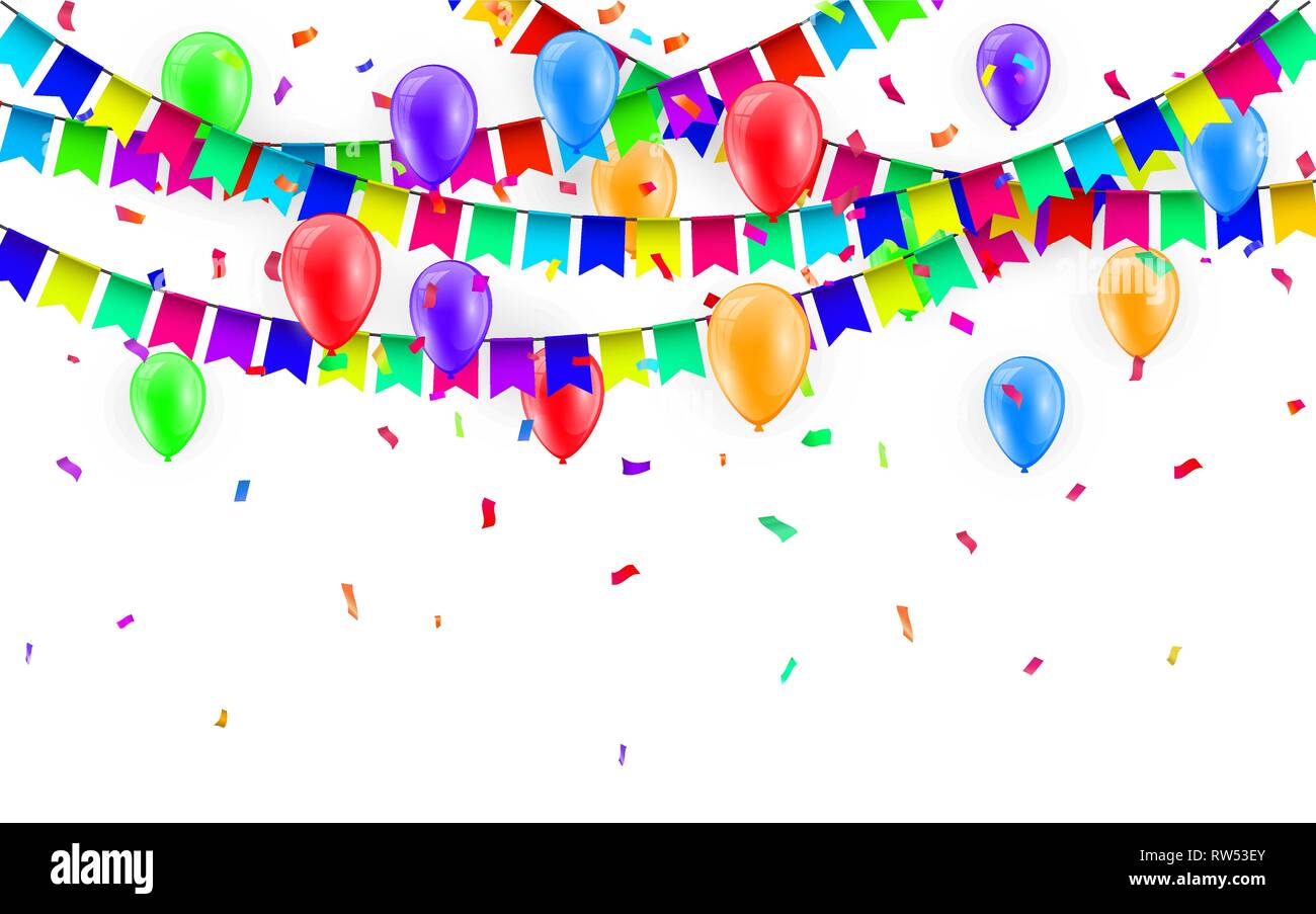 Party Hintergrund mit Luftballons und Fähnchen Vektor, farbige Konfetti und Girlanden auf dem weißen Hintergrund. Stock Vektor