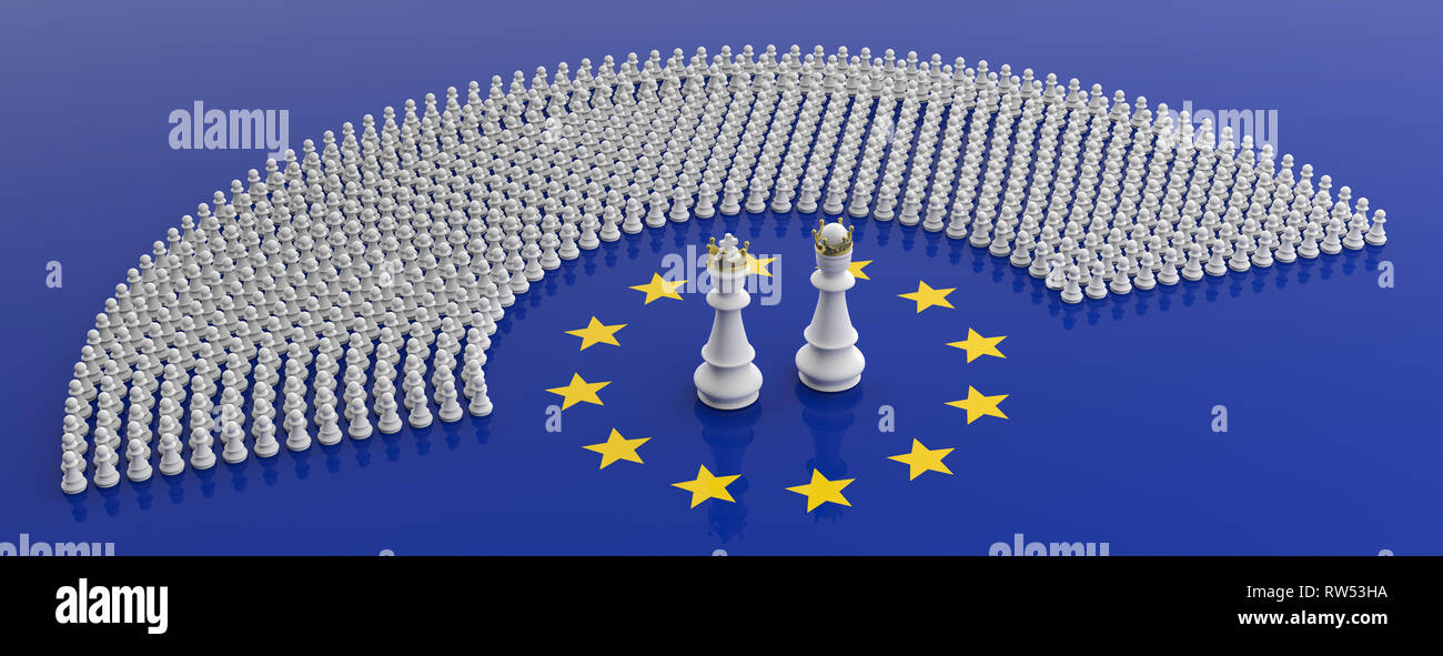 EU-Parlament, Schachspiel, Mitglieder des Europäischen Parlaments als Bauernopfer und Schach König und die Königin auf der Fahne der Europäischen Union, Banner. 3D-Darstellung Stockfoto