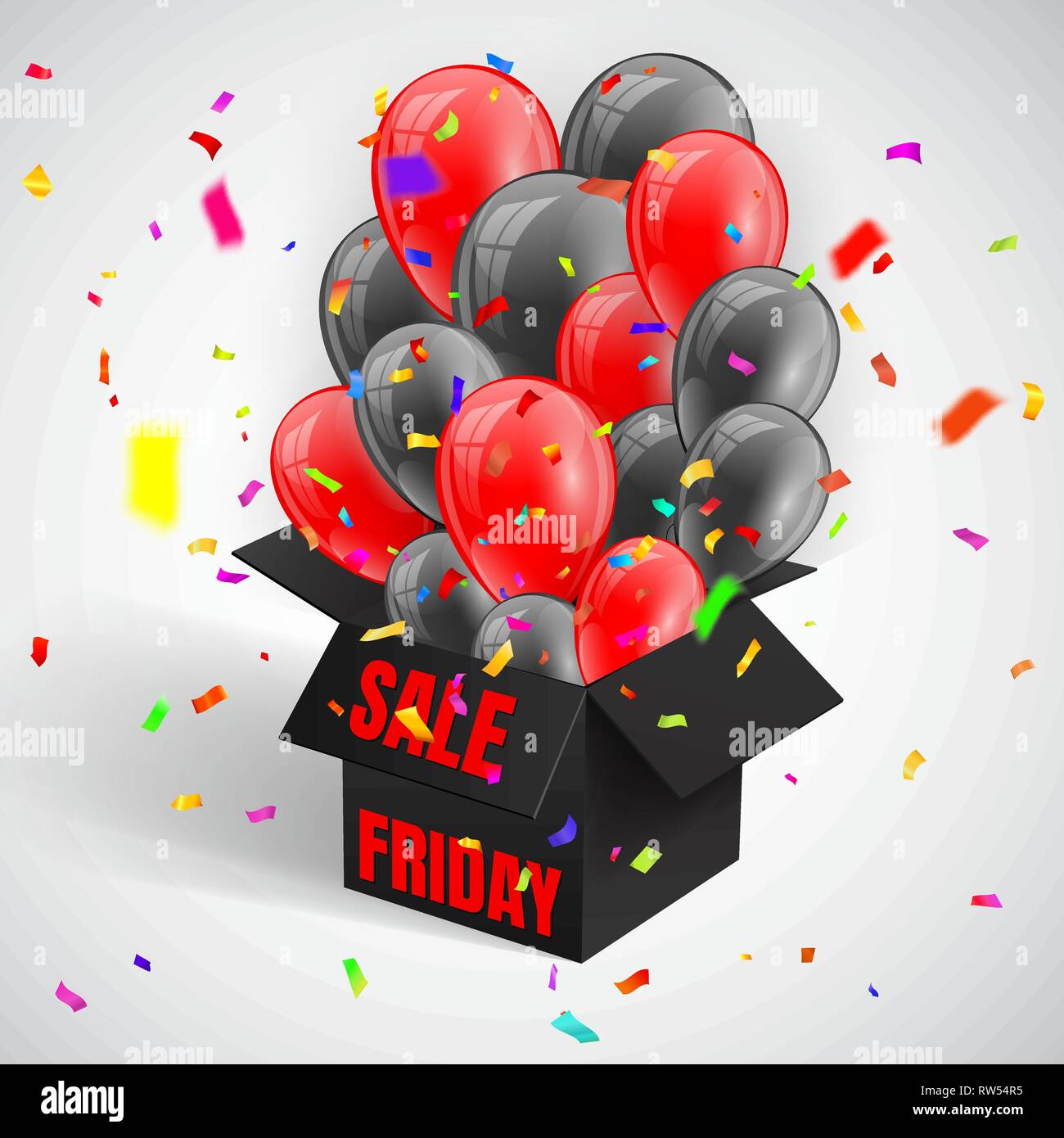 Schwarzer Freitag Verkauf Plakat mit Konfetti und dunklen glänzenden Ballons Haufen fliegen von Open black box. Vector Illustration. Stock Vektor