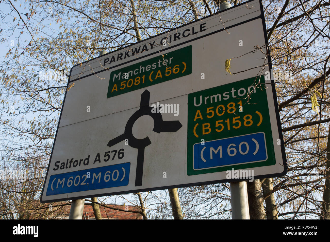 Schild im Parkway Kreis, Trafford Park, Greater Manchester Stockfoto