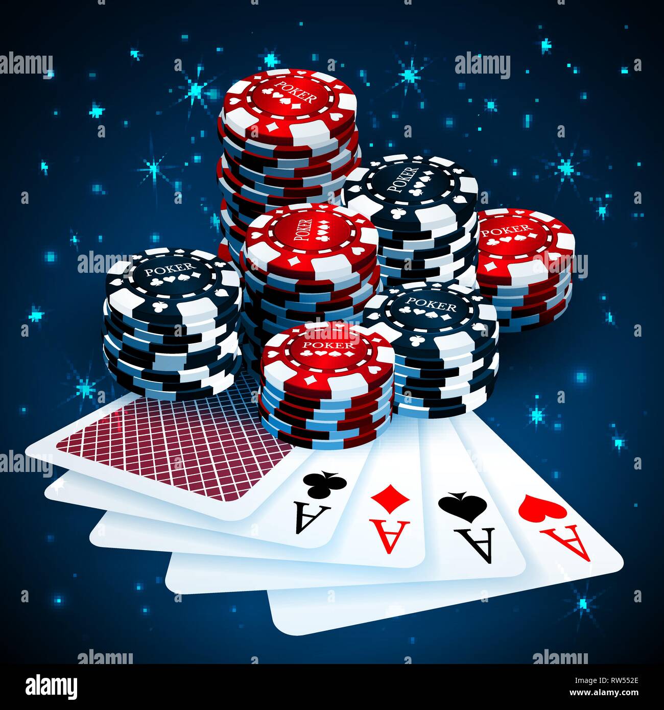 Vector Illustration auf ein casino Thema mit Spielchips und playig Karten auf dunklem Hintergrund. Glücksspiel Designelemente. Vier Asse und poker chips Sta Stock Vektor