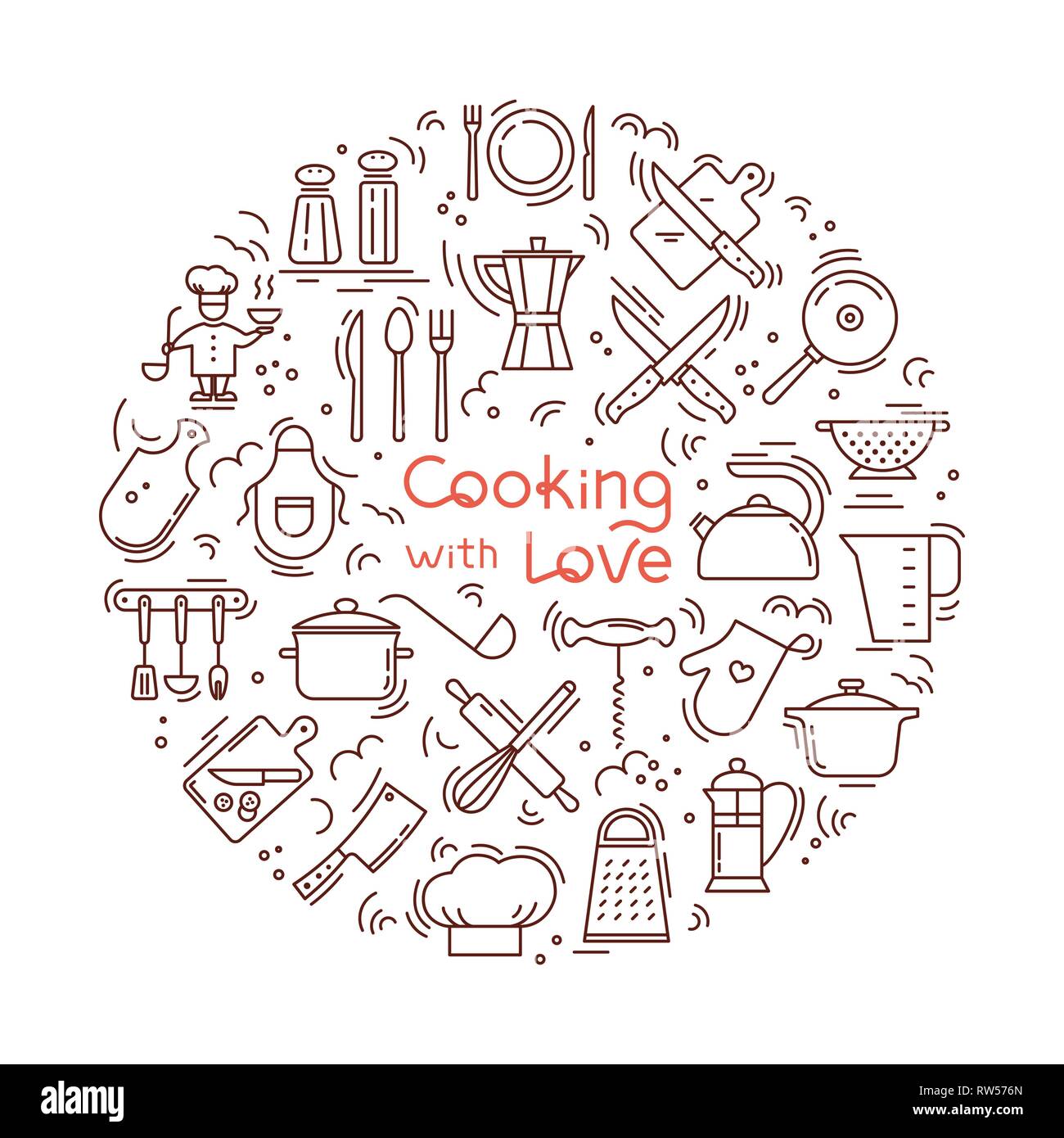 Kochen mit Liebe kreisförmigen Hintergrund von Symbolen auf das Thema der Küche und Kochen mit Schriftzug. Stock Vektor