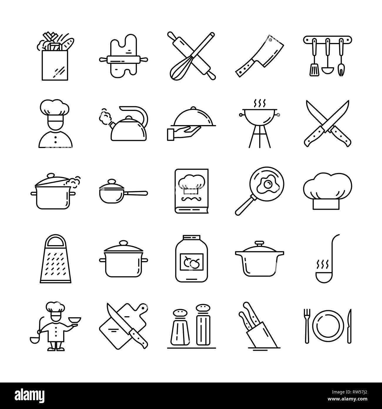 Satz von Clean line Symbole mit verschiedenen Küchengeräten und Geschirr, Kochen ähnliche Objekte. Stock Vektor