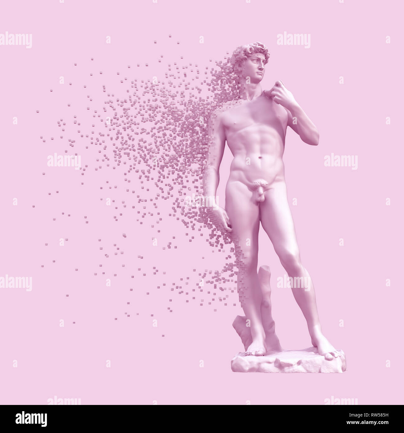 Digitale Auflösung der Skulptur David auf lila Hintergrund. 3D-Darstellung. Stockfoto