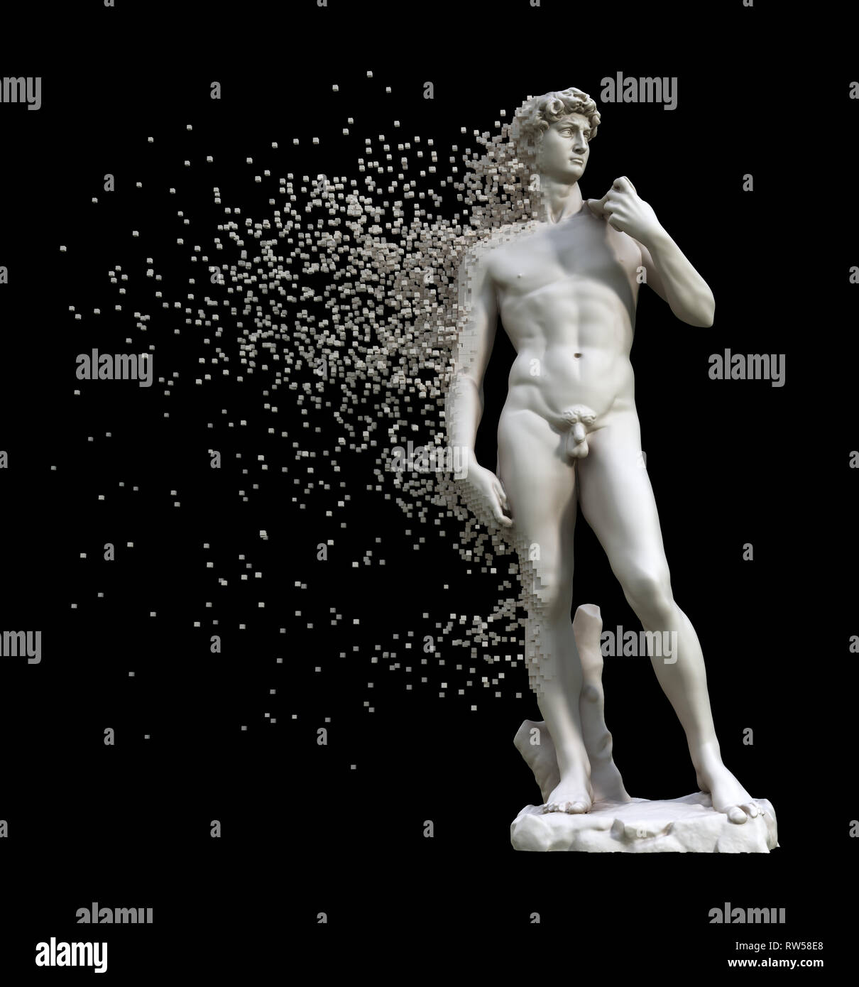 Digitale Auflösung der Skulptur David isoliert auf schwarzen Hintergrund. 3D-Darstellung. Stockfoto