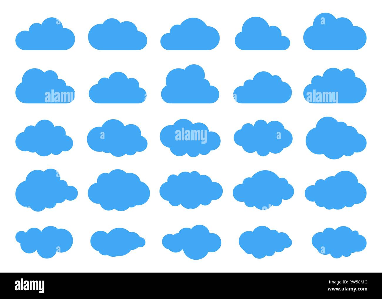 Wolken Silhouetten. Vektor einrichten von Wolken formen. Sammlung von verschiedenen Formen und Konturen. Designelemente für die Wettervorhersage, Webinterface oder Stock Vektor