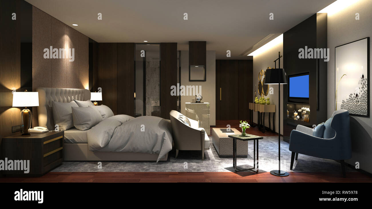 3D-Render der modernen Hotelzimmer Stockfoto