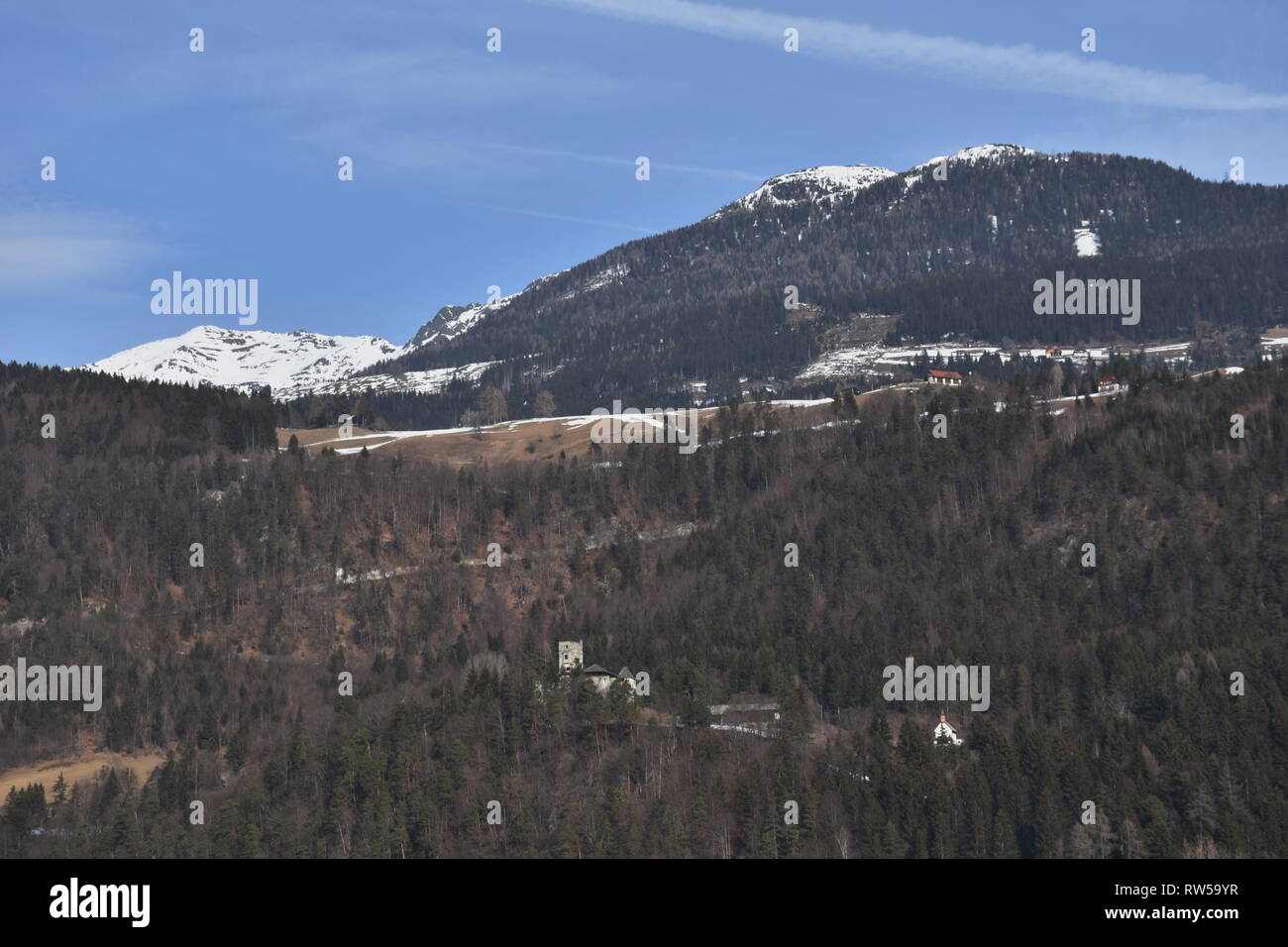 Oberdrauburg, Oberkärnten, Markt, Stadtgemeinde, Gemeinde, Dorf, Burg, Ruine, Tal, Winter, Schnee, Haus, Jahreszeit, Kreuzeckgruppe, Kreuzeck, Alpen, Stockfoto