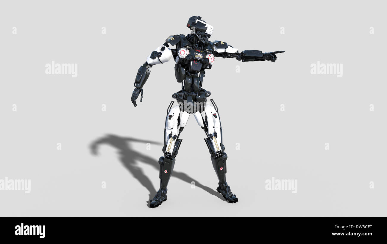 Polizei, Strafverfolgungsbehörden Roboter Cyborg zeigen, Android cop auf weißem Hintergrund, 3D-Rendering Stockfoto