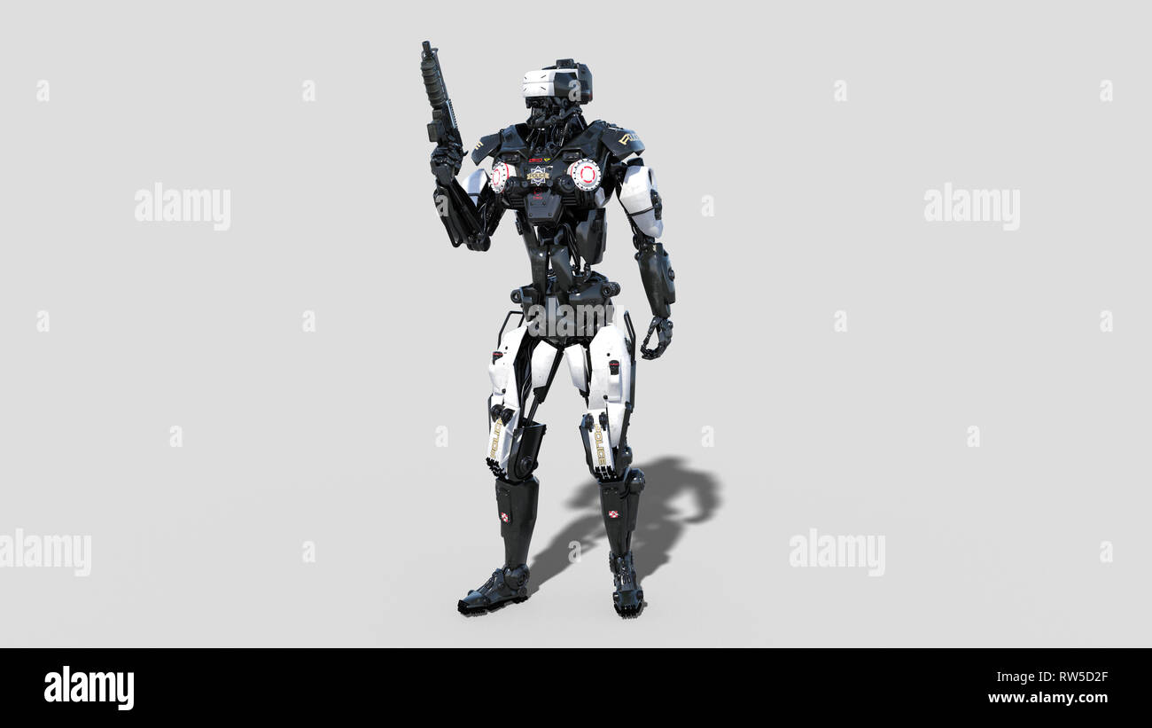 Polizei, Strafverfolgungsbehörden Roboter Cyborg, Android cop Holding gun auf weißem Hintergrund, 3D-Rendering Stockfoto