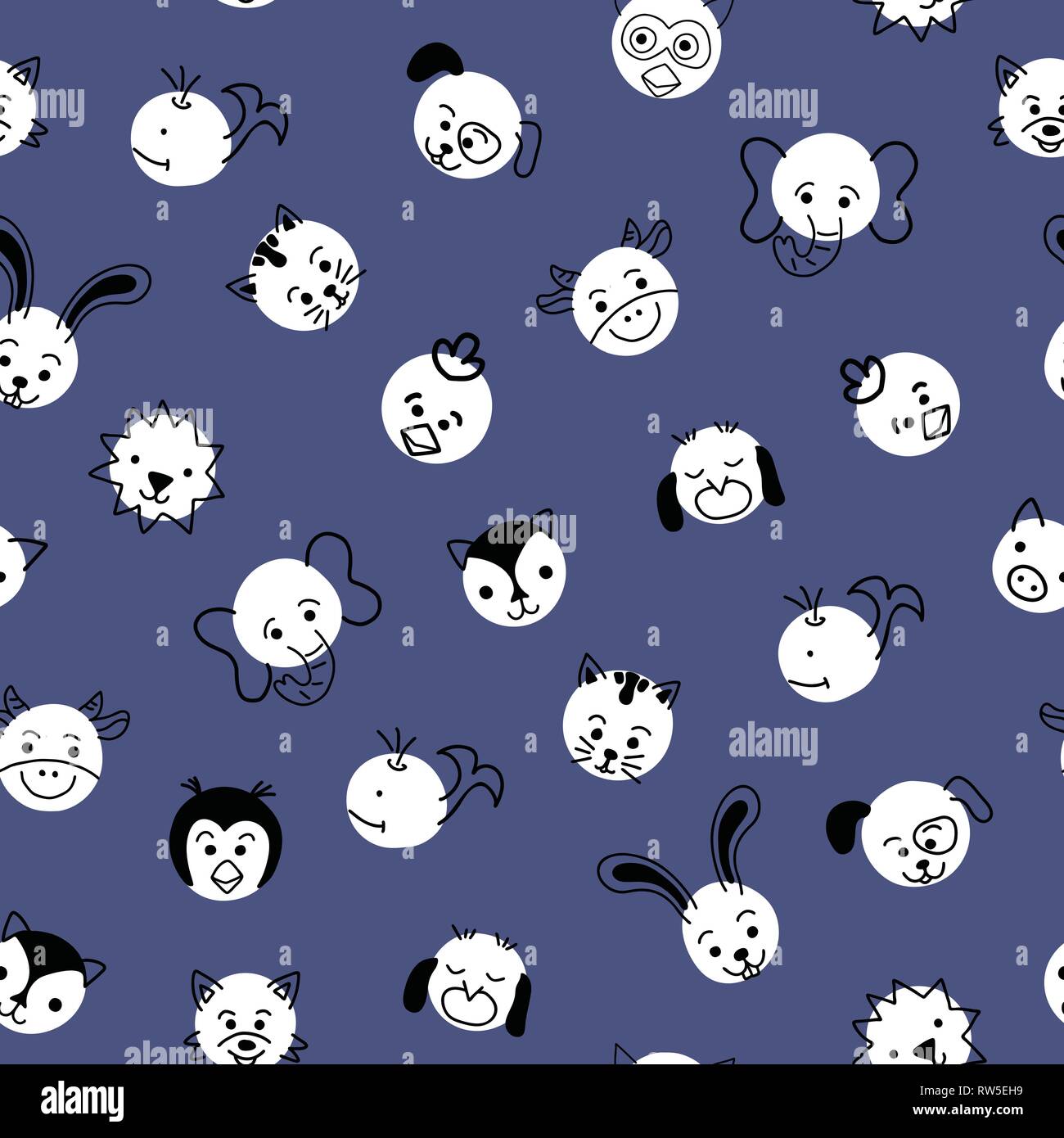 Polka Punkt Tiere nahtlose Vektor-Hintergrund. Niedliche Kinder Muster weißen Kreisen mit Tiergesichtern auf blau. Einfaches Doodle-Design für Kinder. Verwenden Sie fo Stock Vektor