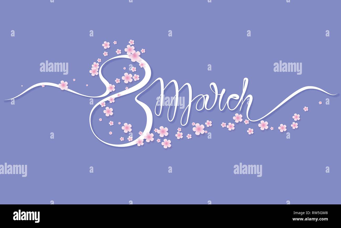 Glücklich 8. März Tag der Frauen. Handgezeichneten Schriftzug mit Frühling Blumen. Vector Illustration. Kontinuierliche eine Zeile Stil. Stock Vektor