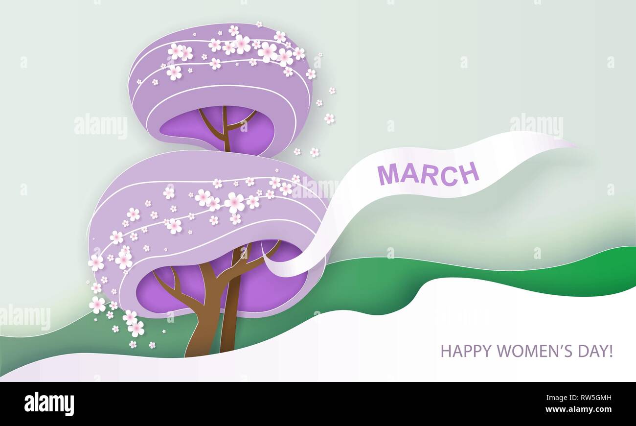 Glücklich 8. März Tag der Frauen. Stilisierte Bäume mit Blumen als grossen acht auf dem wave Hintergrund geprägt. Vektor Papier Design Illustration Stock Vektor