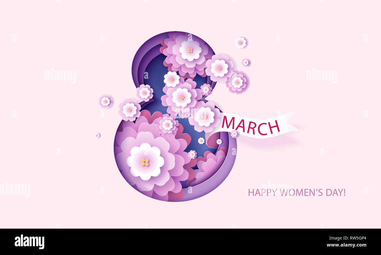 Happy Tag der Frauen am 8. März. Blumen Banner in violetten Farbtönen mit großen Buchstaben. Vector Illustration 3d Paper cut desing Stil. Stock Vektor