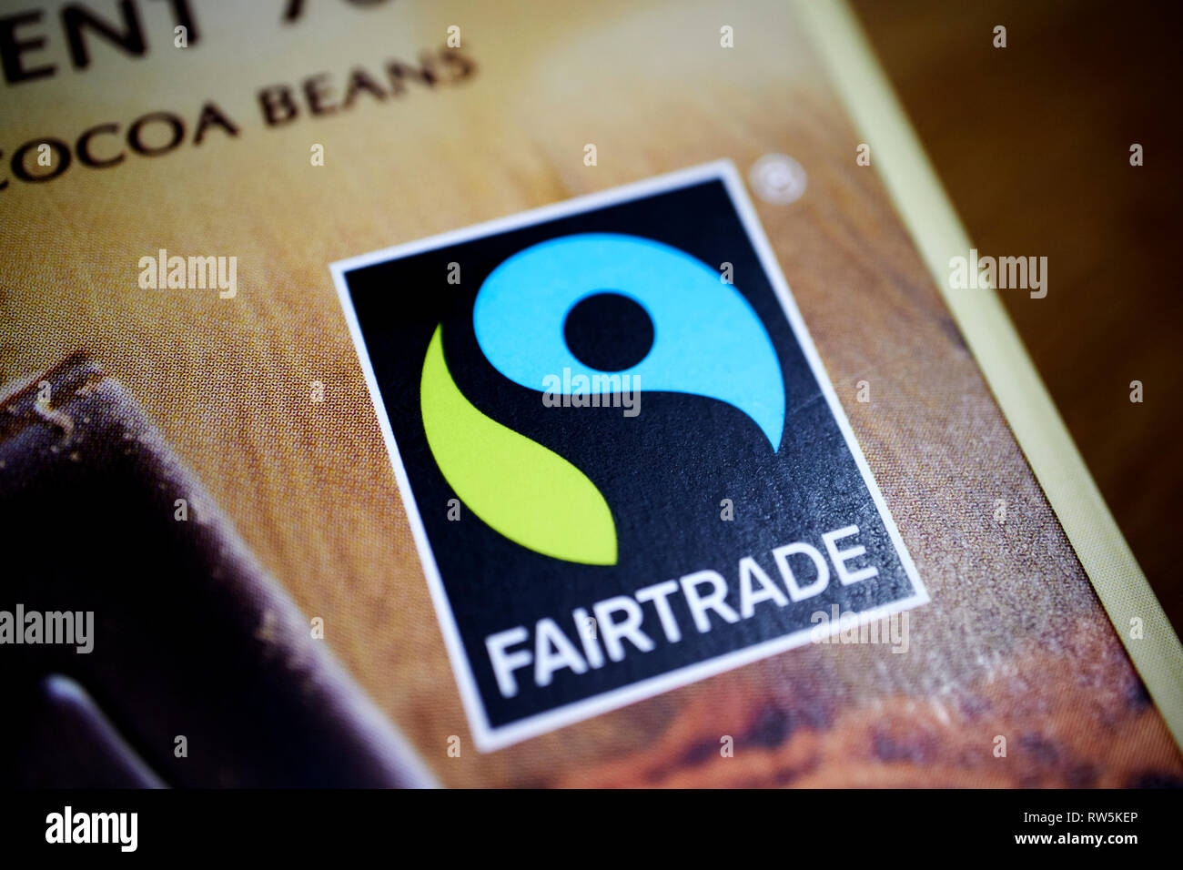 Fairtrade Label auf eine Tafel Schokolade Stockfoto