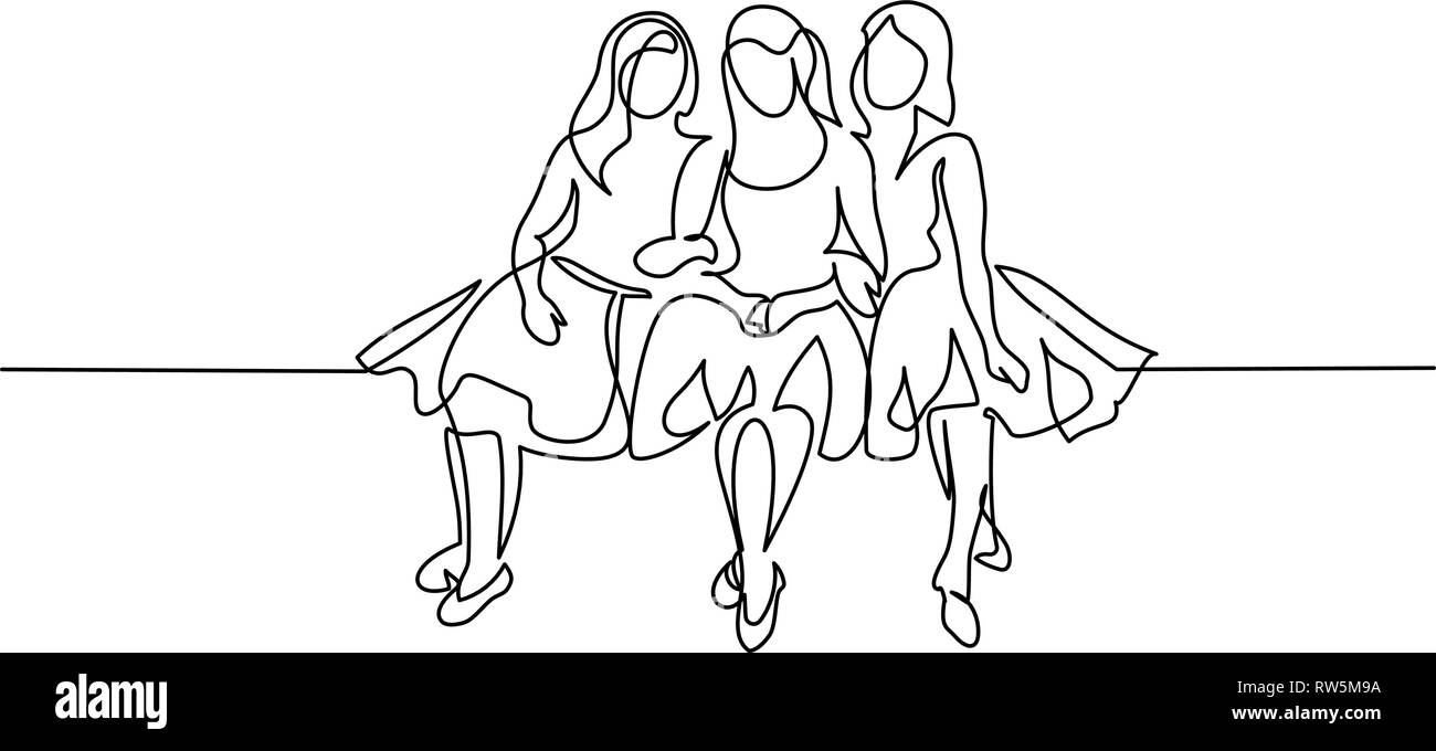 Kontinuierliche eine Linie zeichnen. Freunde Mädchen zusammen sitzen. Vector Illustration Stock Vektor