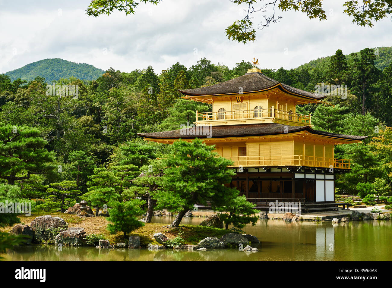 Kinkakuji (goldener Pavillon, oder Rokuon-ji), teilweise verdeckt von matsu Japanische Kiefern an einem bewölkten Sommertag. Stockfoto