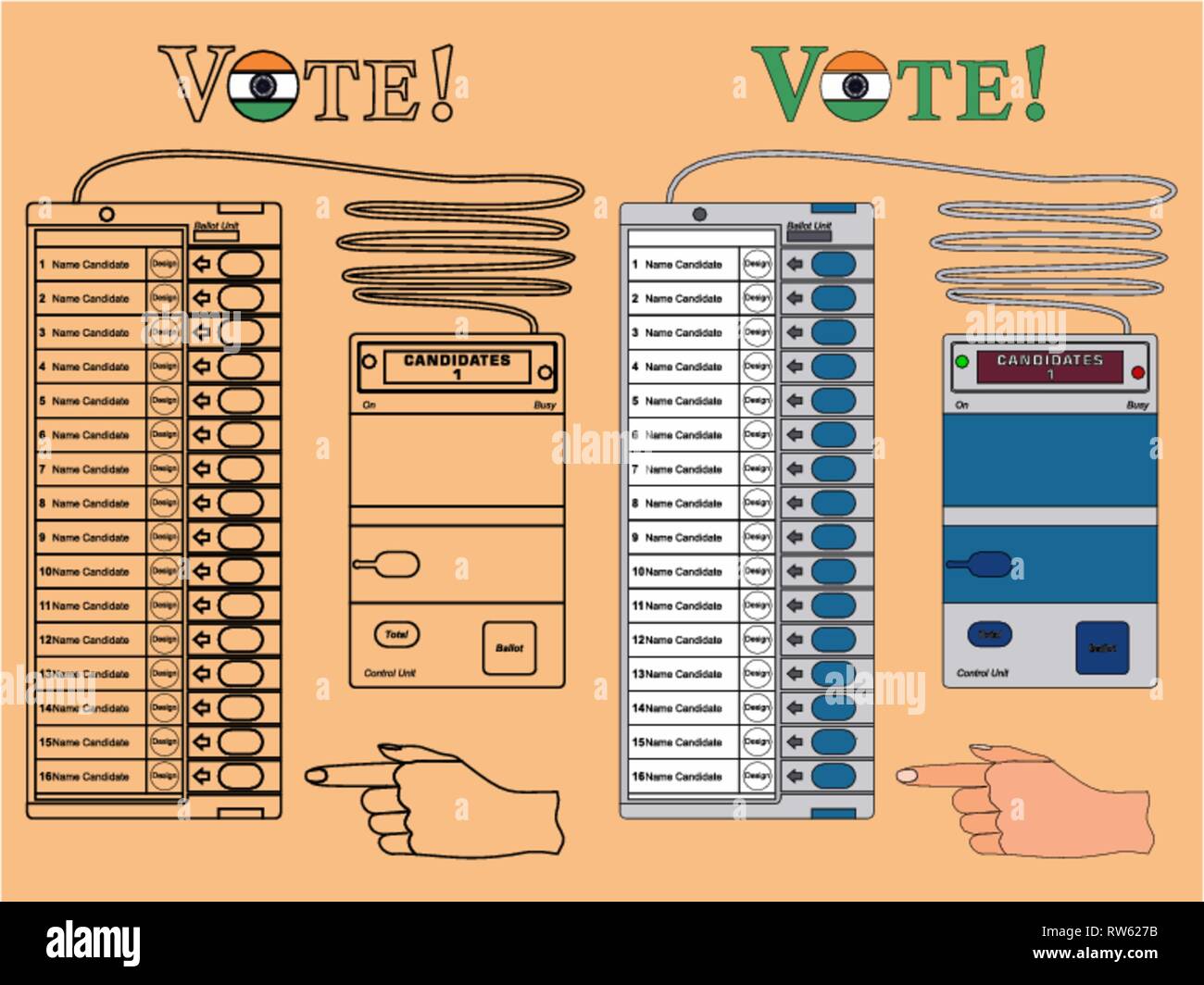 Elektronik Wahlurne Indien gefärbt. Umrisse nur und mit schwarzer Outline. Stock Vektor