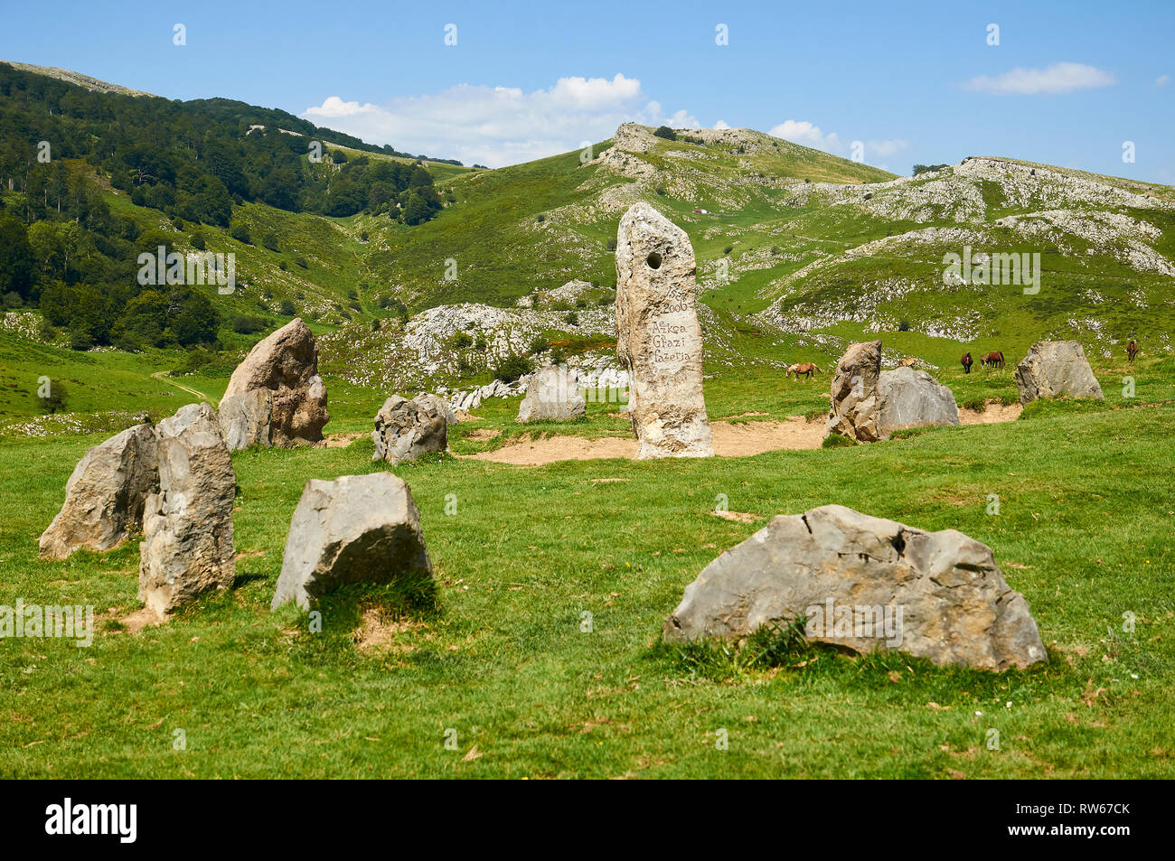 Weiden Vereinbarung (faceria) gedenken cromlech von Aezkoa und Garazi Täler von 1556 bis 2006 bei Iropil Hill (Orbaiceta, Aezkoa, Navarra, Spanien) Stockfoto