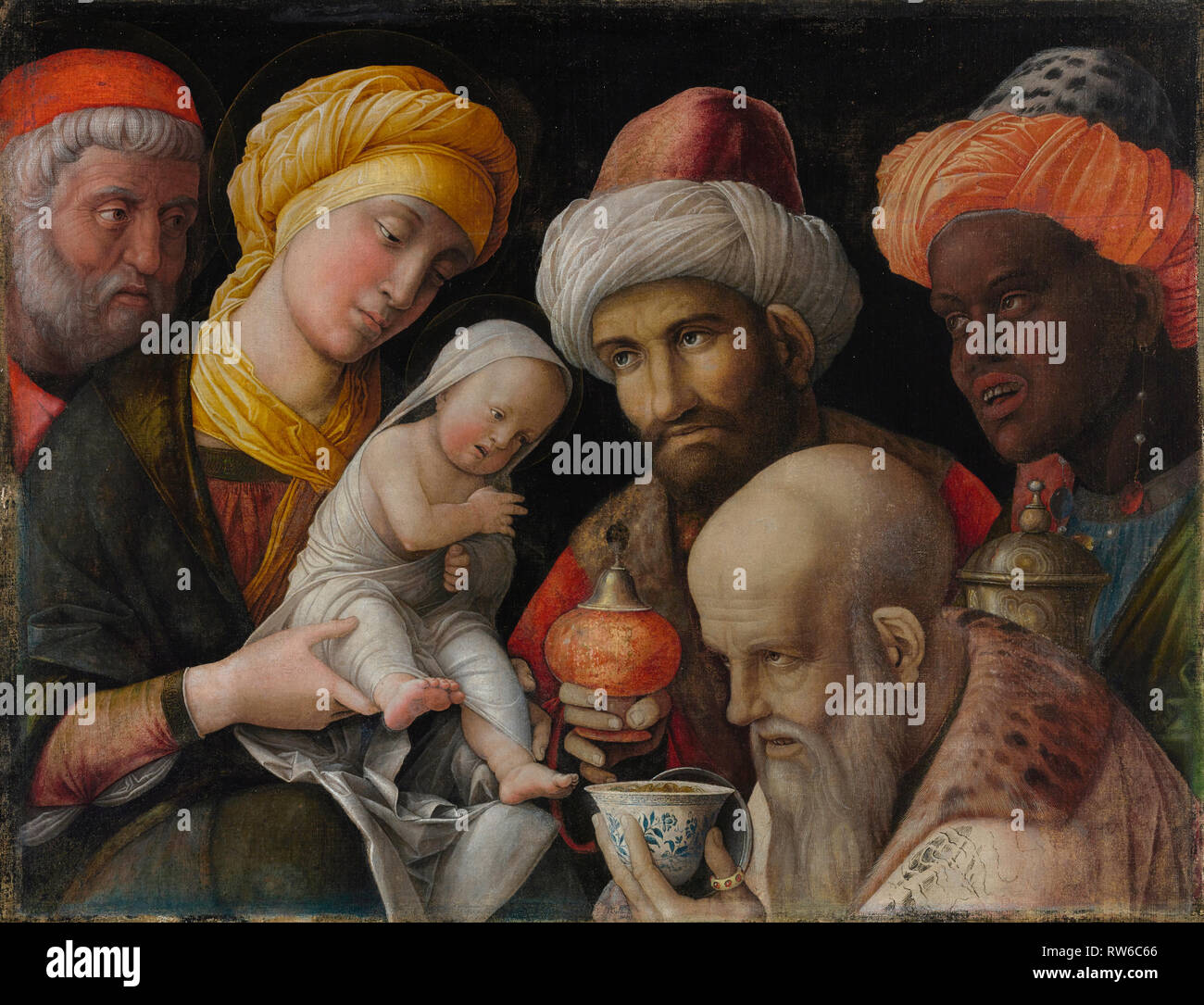 Die Anbetung der Magier; Andrea Mantegna (Italienisch (Padua), ca. 1431 - 1506); Italien; ca. 1495 - 1505; Leimfarbe auf Leinwand, 48,6 × 65,6 cm (19 1/8 x 2 Stockfoto