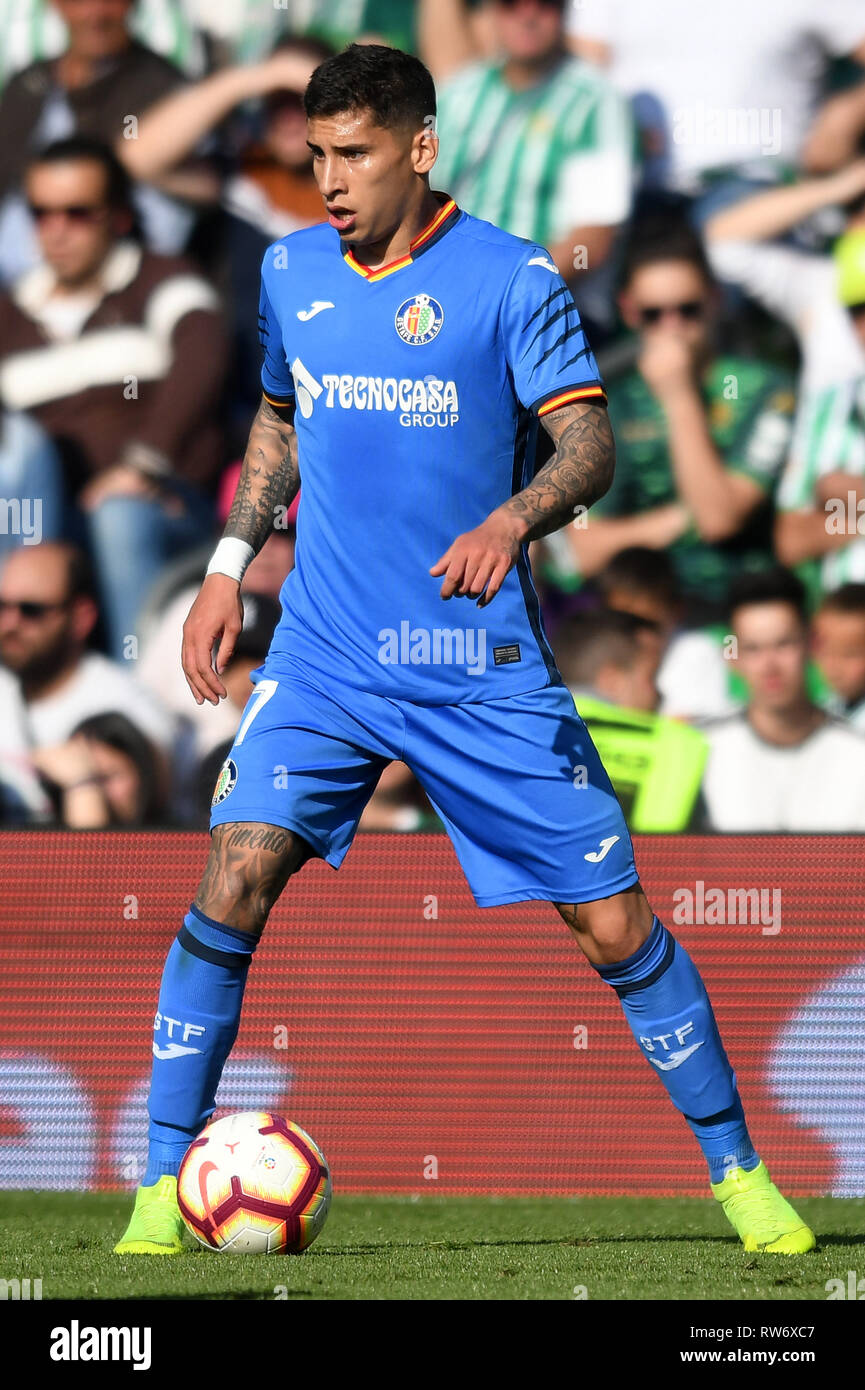 SEVILLA, 03-03-2019. Primera Division Liga. LaLiga. Estadio Benito Villamarin. Mathias Olivera (Getafe CF) während des Spiels Real Betis - Getafe CF. Stockfoto