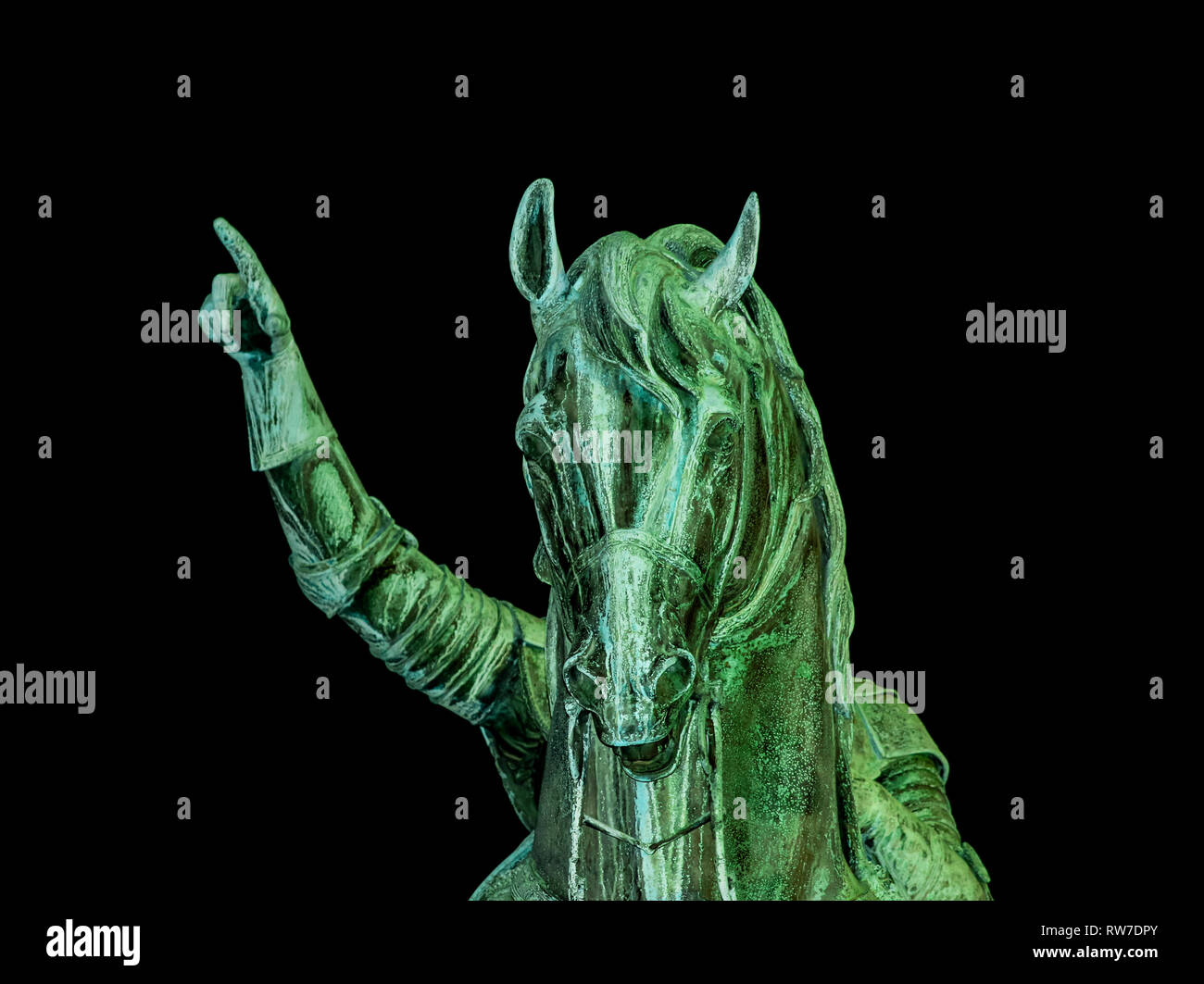 Green Horse Statue mit kein Fahrer aber Hand zeigen den Weg Stockfoto