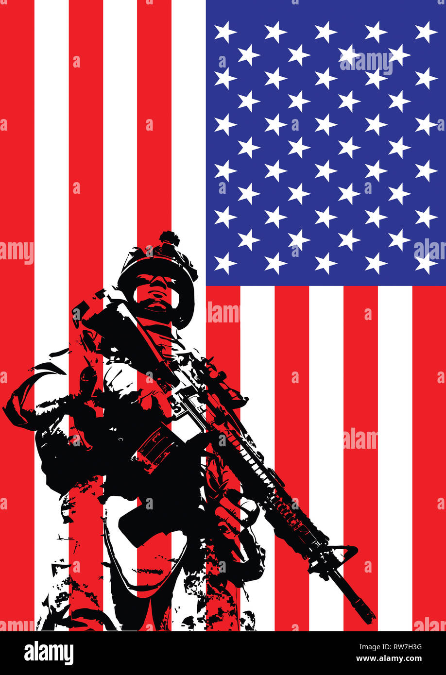 Abbildung der US Marine vor der USA-Flagge. Stockfoto