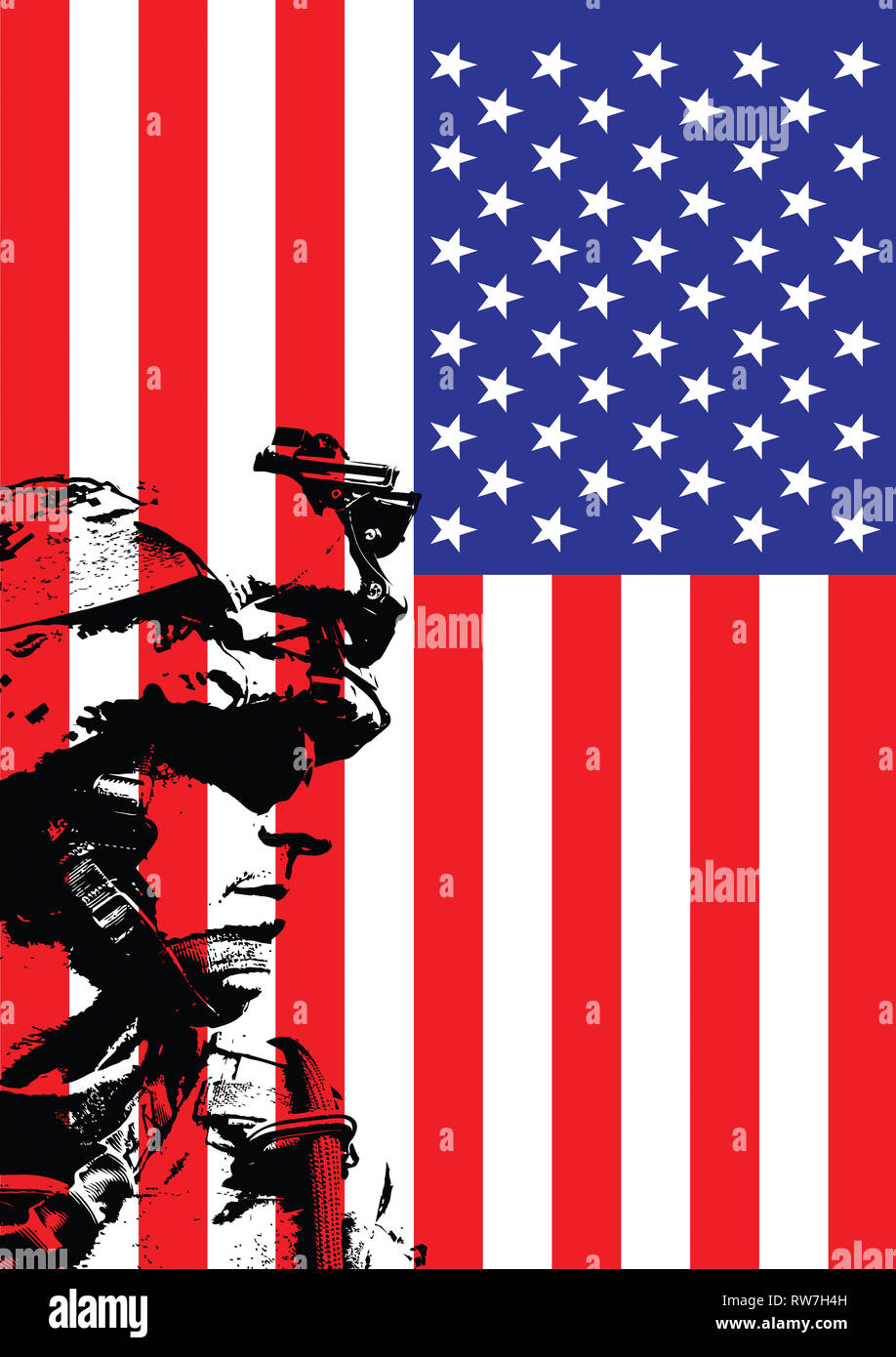 Abbildung der US Marine vor der USA-Flagge. Stockfoto