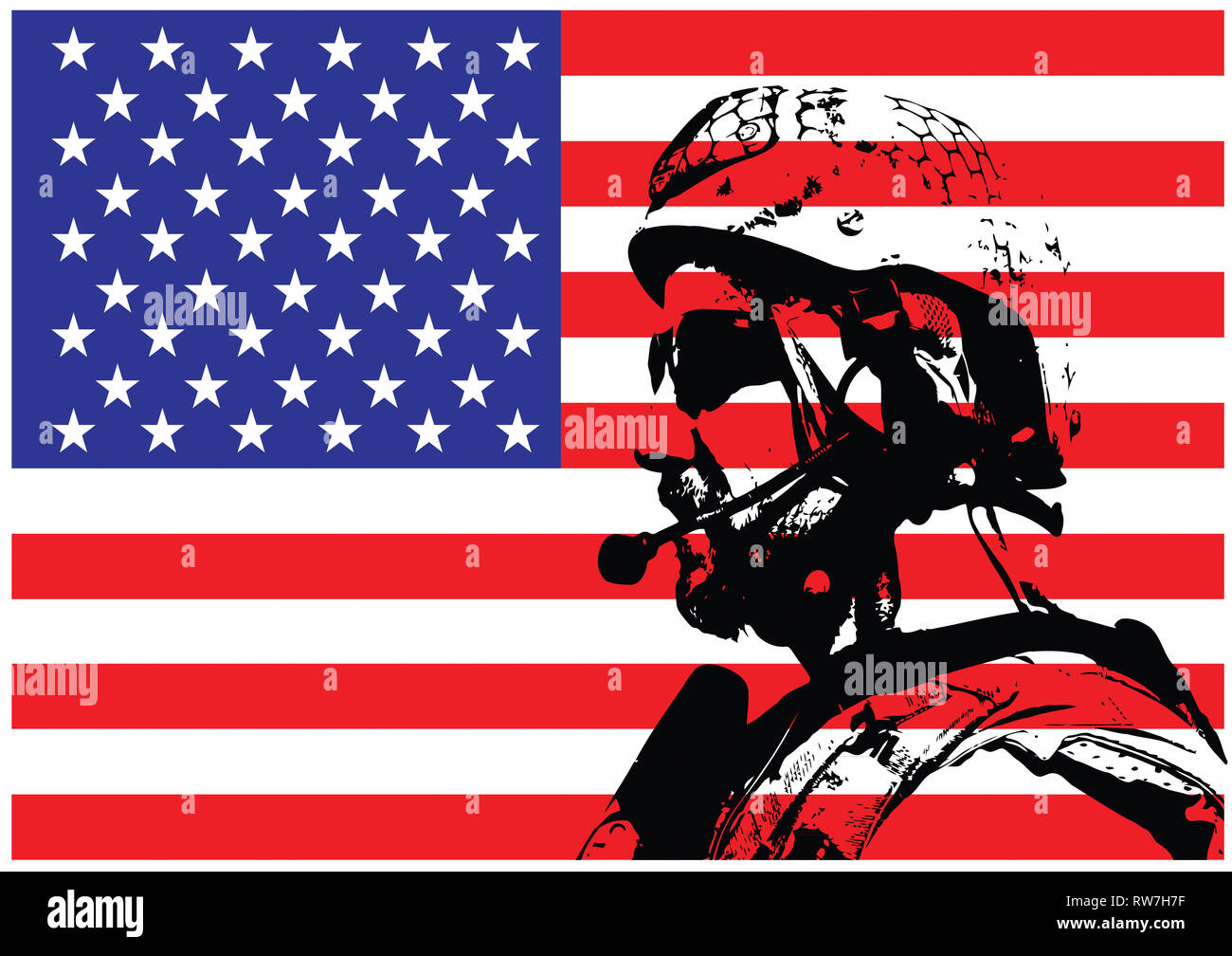 Vector Illustration der Dichtung Kriegsführung Betreiber vor der USA-Flagge. Stockfoto