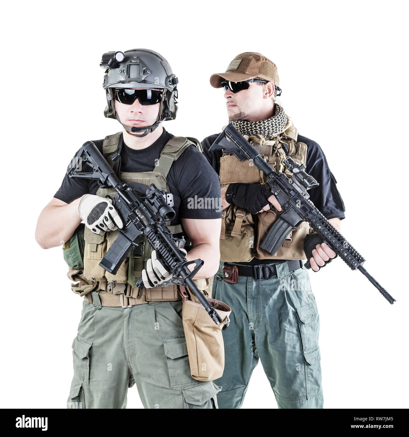 Private Military contractors PMC in Aktion auf weißem Hintergrund. Stockfoto