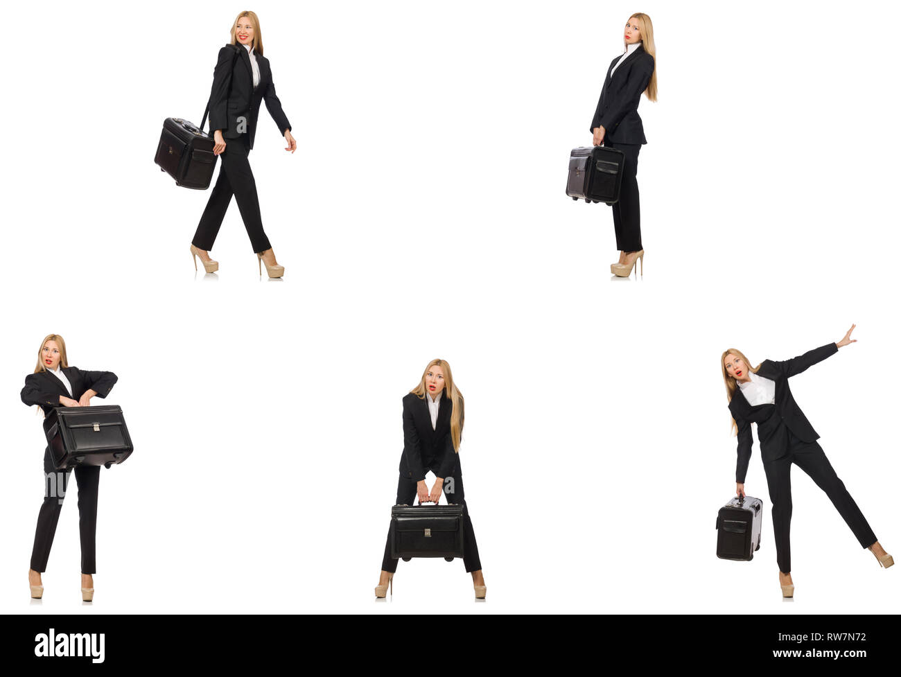 Geschäftsfrau mit Koffer isoliert auf weißem Stockfoto