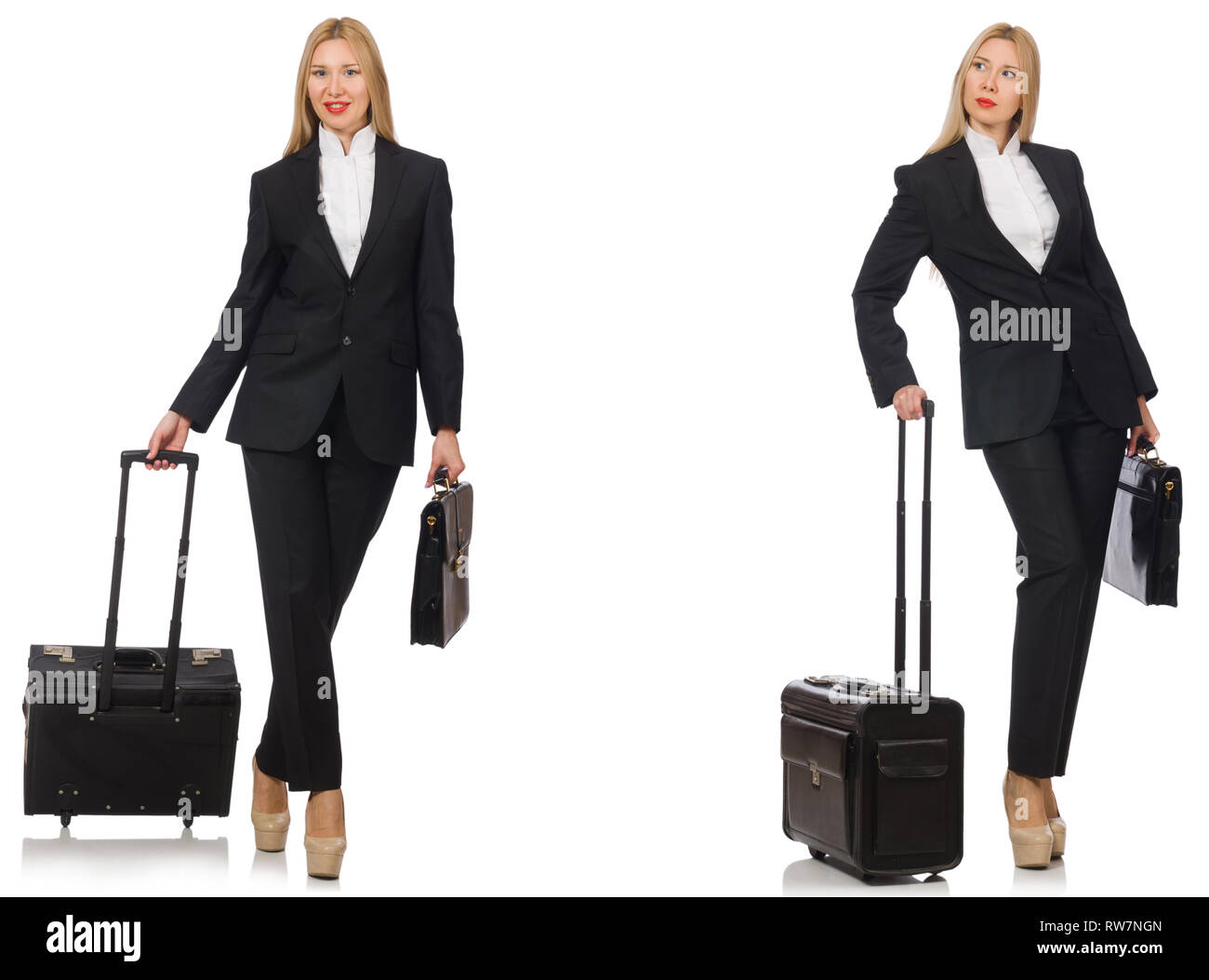 Geschäftsfrau mit Koffer isoliert auf weißem Stockfoto