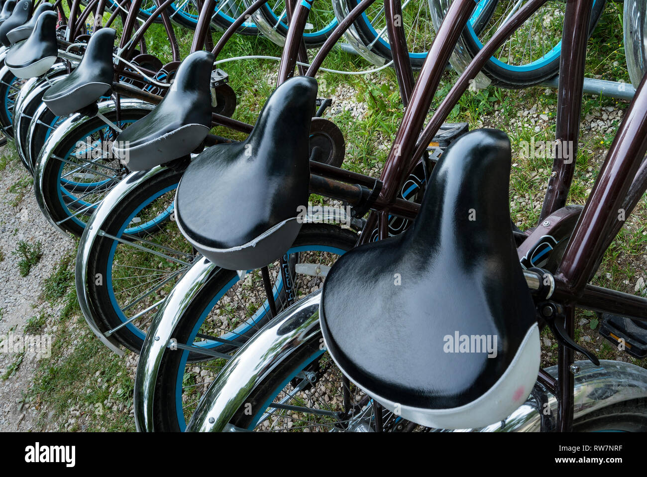Fahrräder, Sitze & Räder Stockfoto