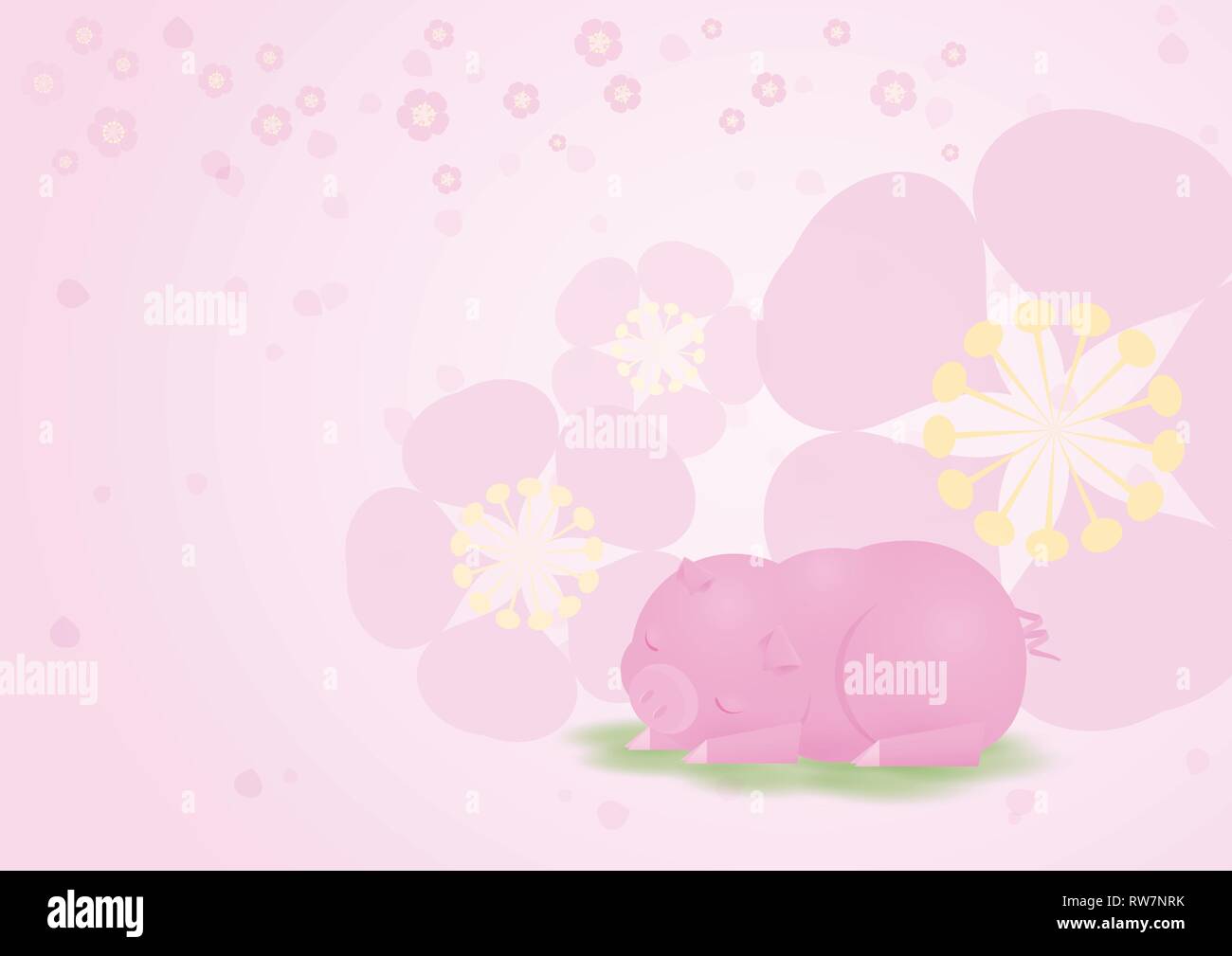 Happy Piggie, rosa Schwein, Schlafen mit Pflaume- Hintergrund. Vector Illustration für chinesisches neues Jahr Grüße, Jahr des Schweins bringt Reichtum und gute Stock Vektor