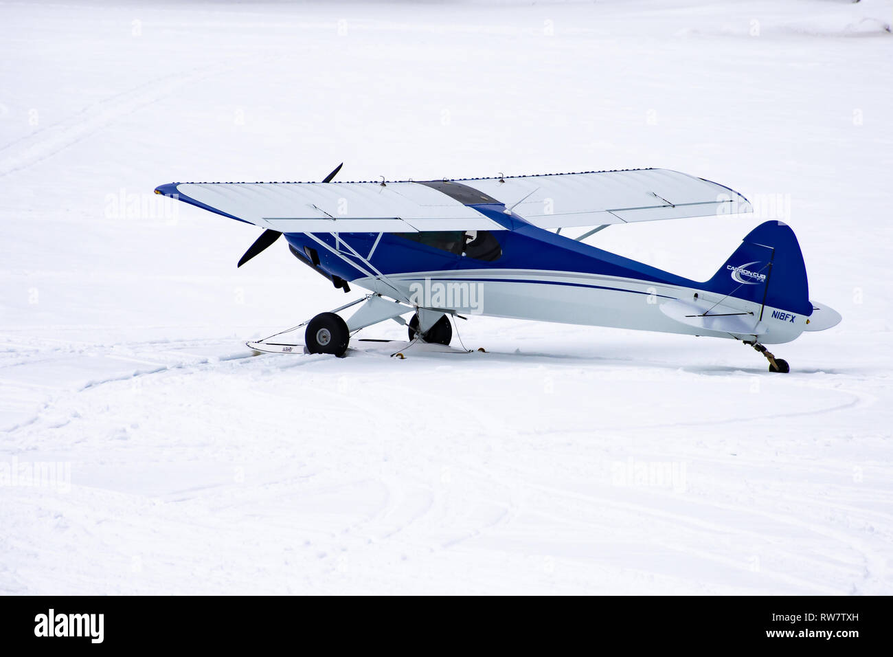 Eine experimentelle Carbon Cub Modell der Piper Cub Flugzeug auf Ski auf den Schnee und das Eis auf dem See angenehm, NY USA geparkt Stockfoto