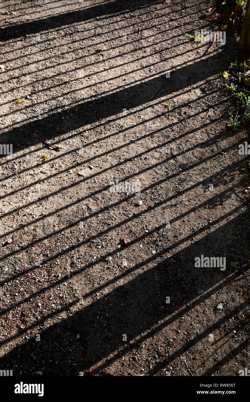 Schatten vom Zaun auf Schmutz Masse. Stockfoto