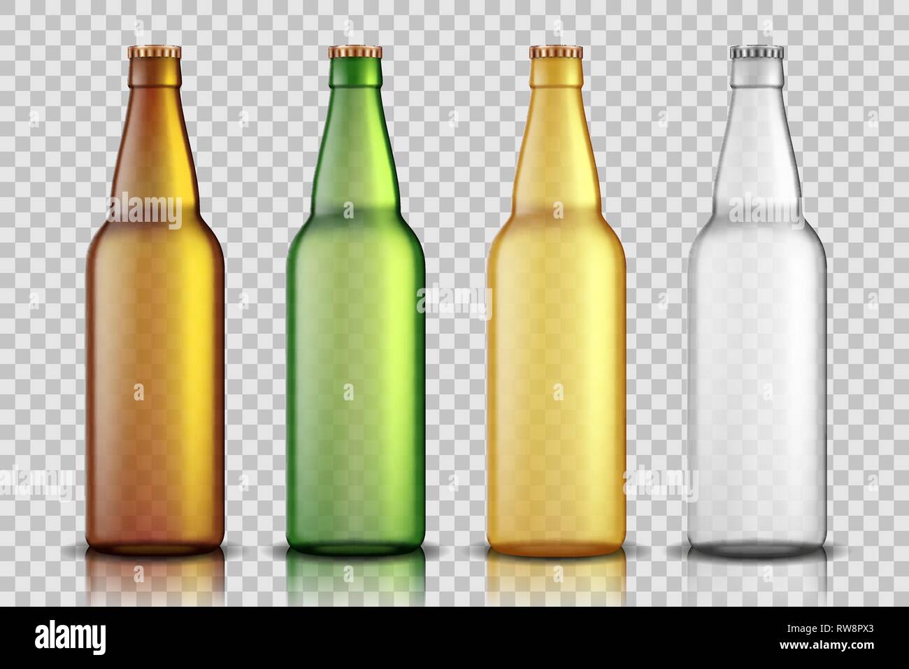 Festlegen von realistischen Glas Bier Flaschen auf transparentem Hintergrund isoliert. leere Bierflasche Mock up Vorlage zum Lieferumfang. Vector Illustration. Stock Vektor