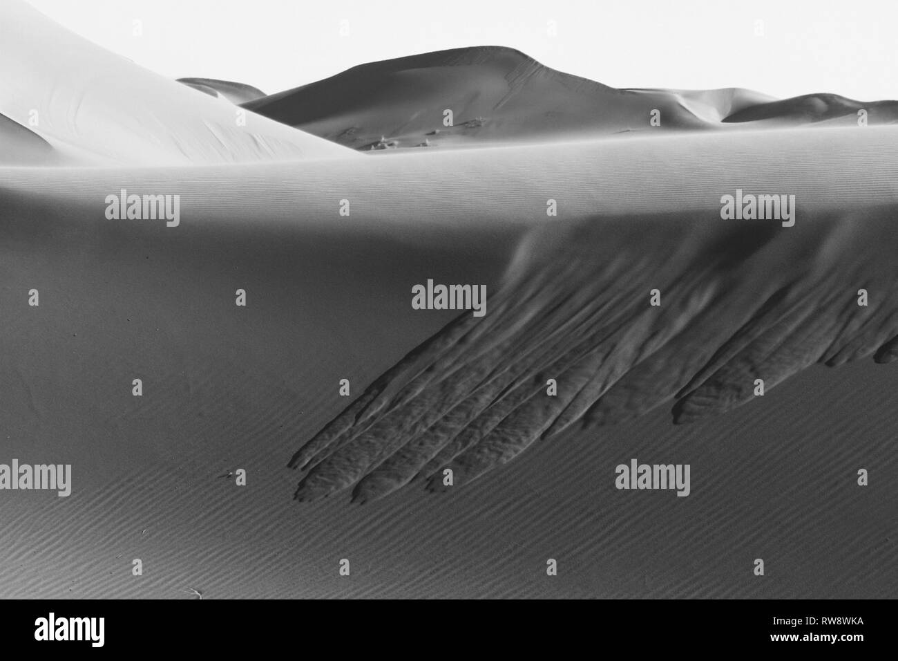 Einfarbig, Schwarz und Weiß. Interessante Muster auf Sand, Dünen am Rande der Sahara, Merzouga, Marokko, Nordafrika. Sichtbar Texturen. Stockfoto