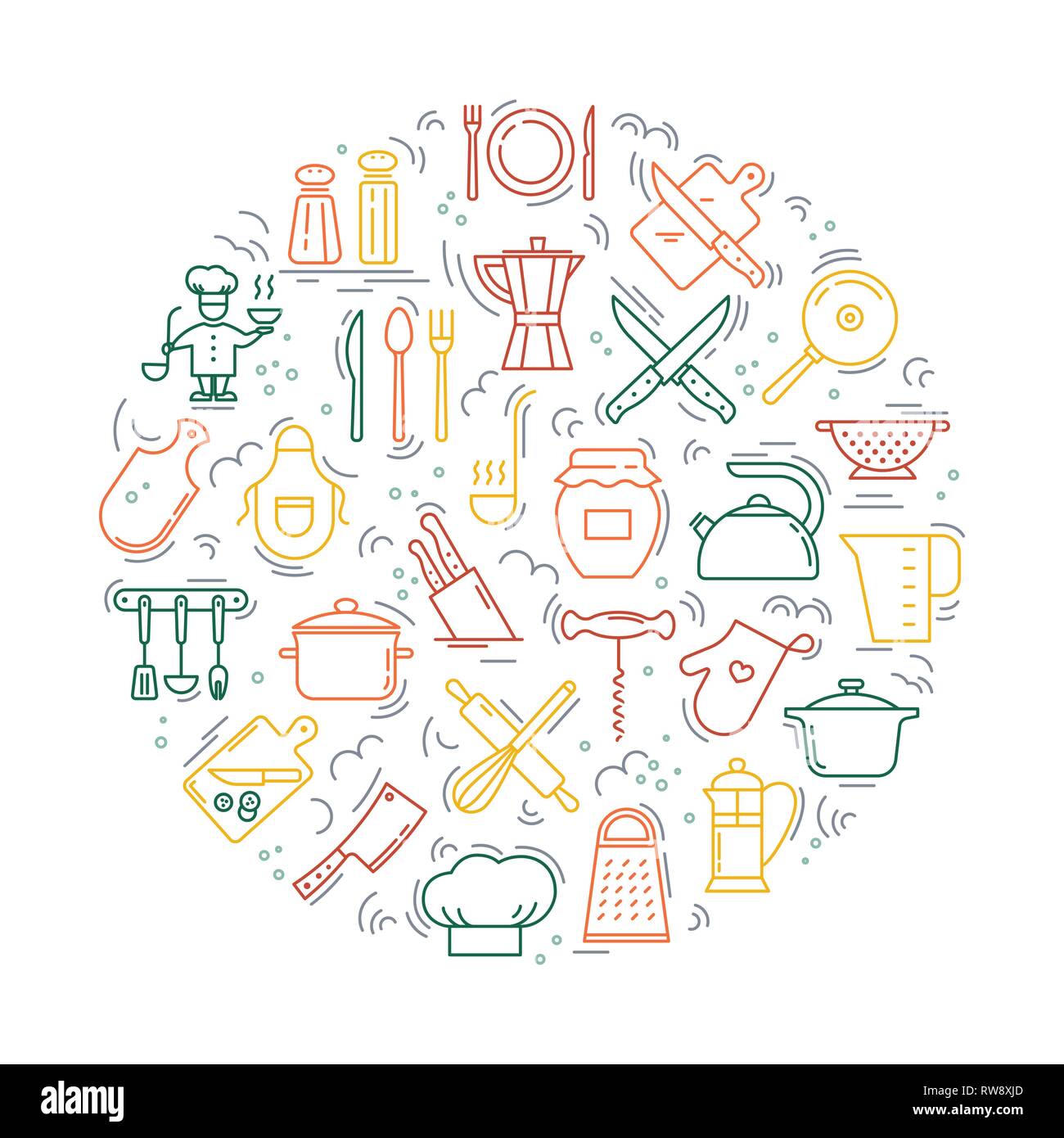 Kochen mit Liebe kreisförmigen Hintergrund von Symbolen auf das Thema der Küche und Kochen. Hintergrund für die Dekoration von der Speisekarte des Restaurants und Stock Vektor