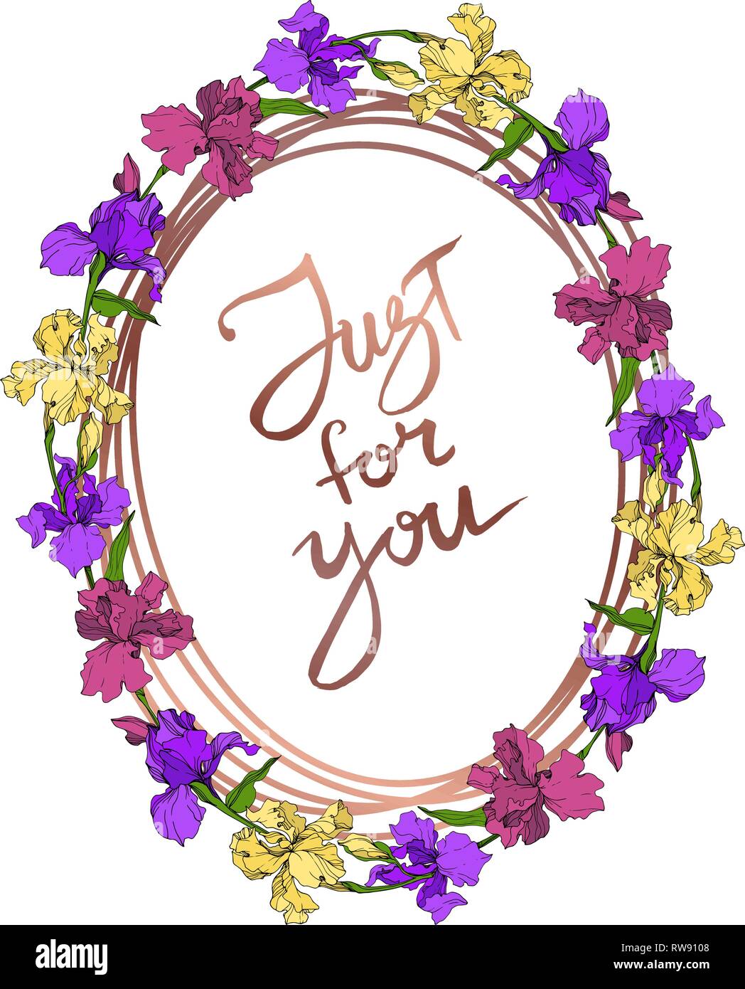 Vektor lila, gelb und braun Iris Blumen botanischen Blume. Wild Federblatt wildflower isoliert. Graviert Tinte Art Rand ornament Quadrat. Stock Vektor