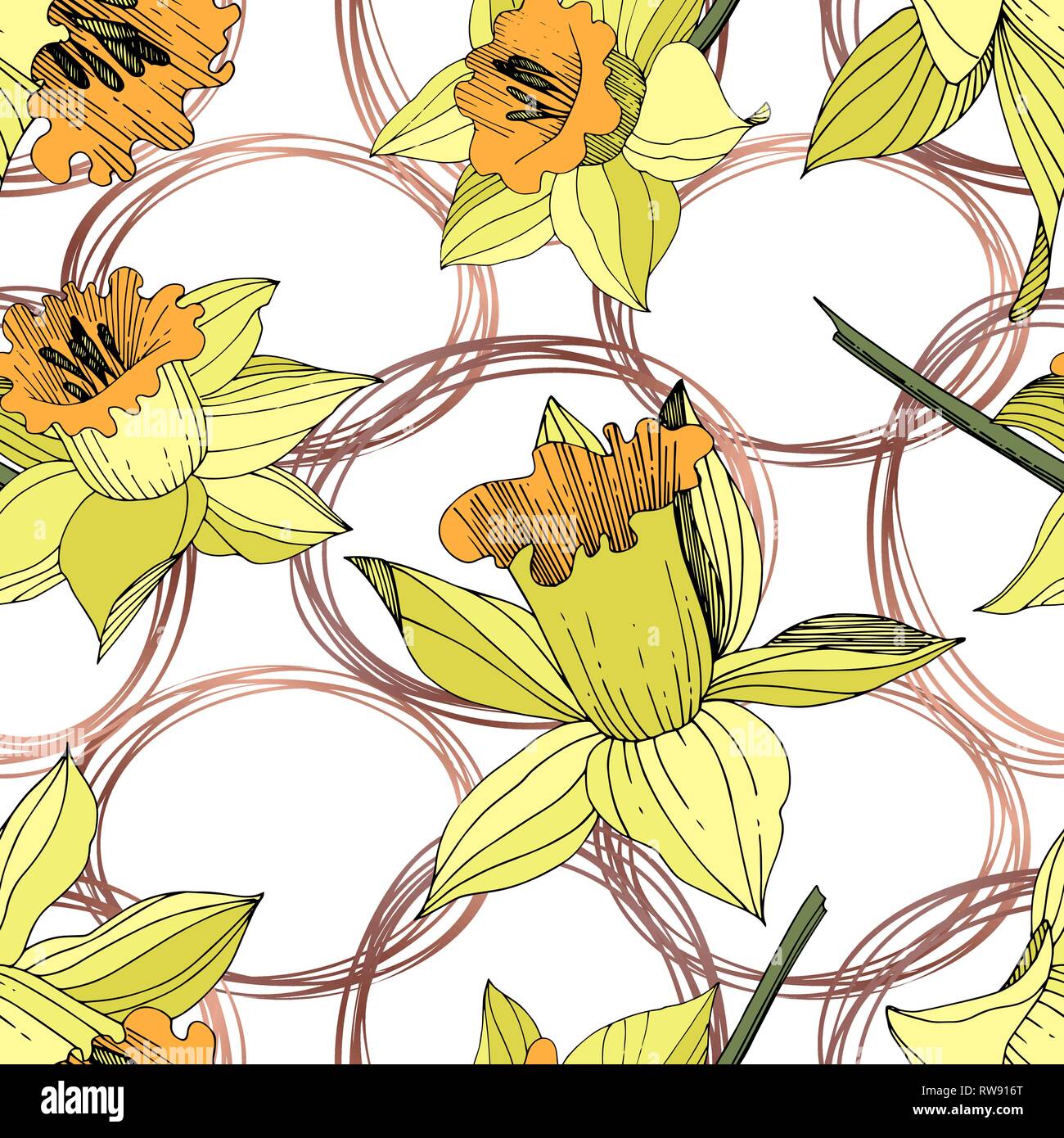 Vektor Gelbe Narzissen Blumen botanischen Blume. Wild Federblatt wildflower isoliert. Graviert Tinte Art nahtlose Muster. Stofftapeten Stock Vektor