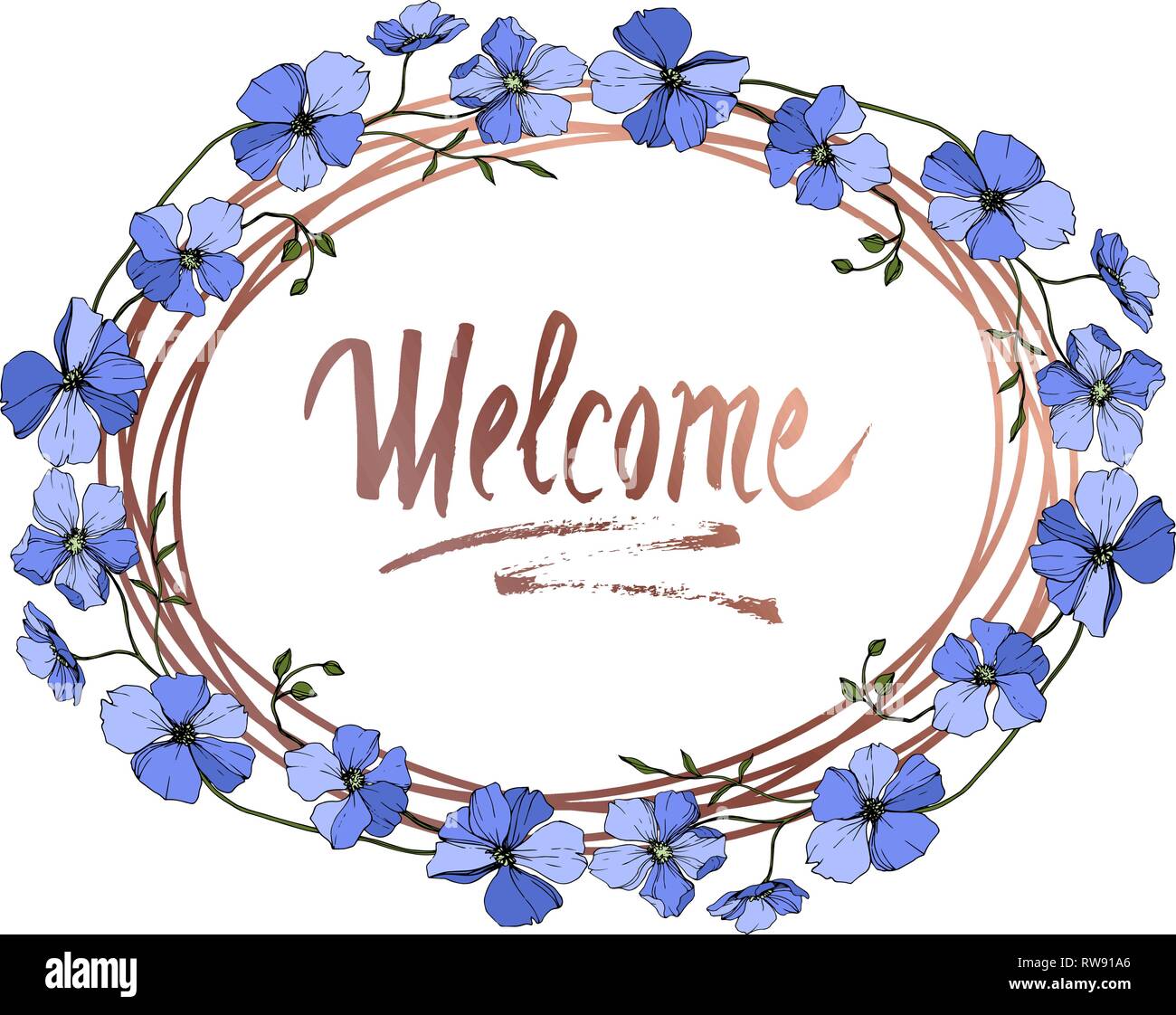 Vektor Blau Flachs floral botanischen Blume auf weißem Hintergrund. Wild Federblatt wildflower isoliert. Graviert Tinte Art Rand ornament Quadrat. Stock Vektor