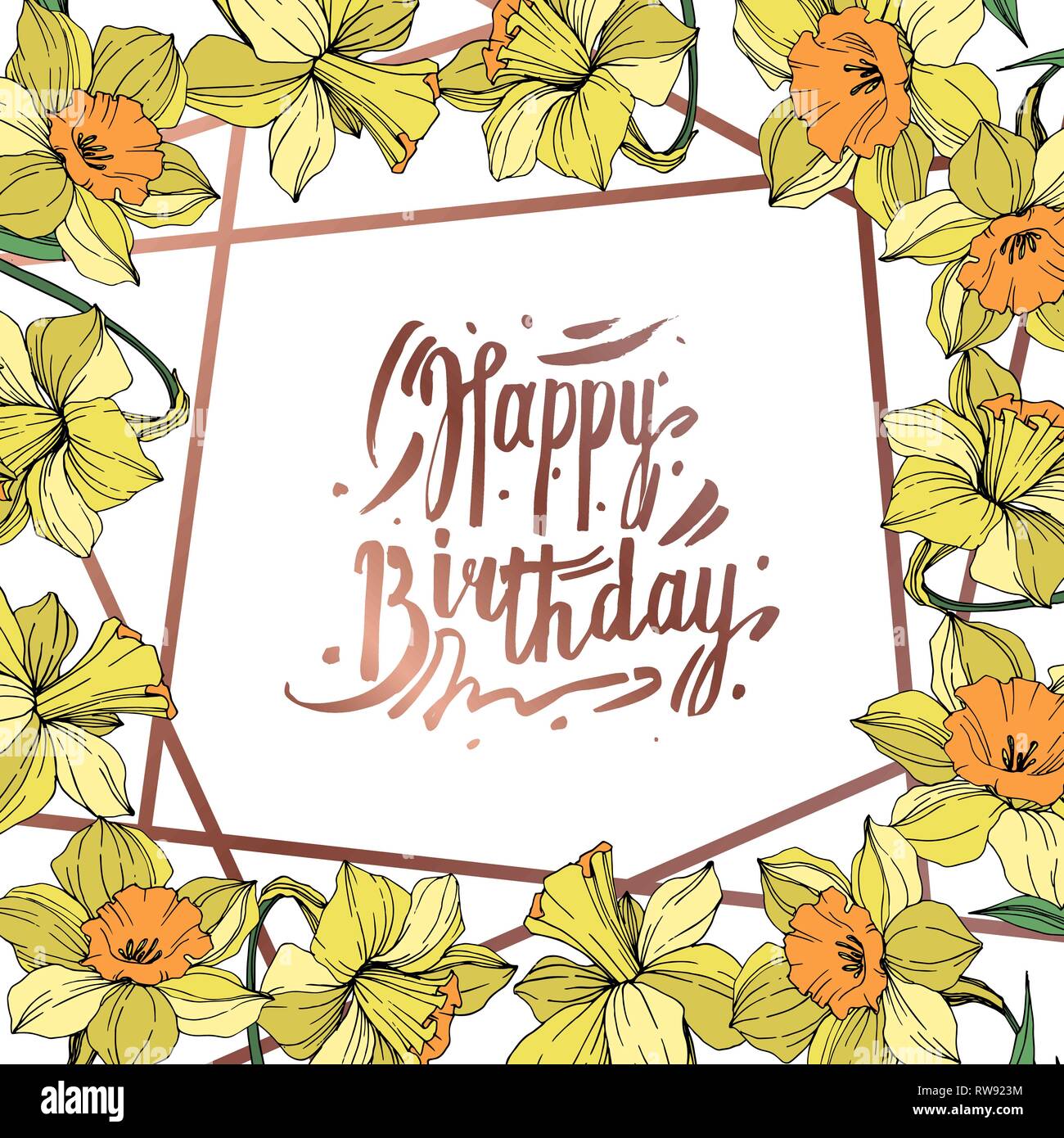 Vektor Gelbe Narzissen Blumen botanischen Blume. Wild Federblatt wildflower isoliert. Graviert Tinte Art Rand ornament Quadrat. Stock Vektor