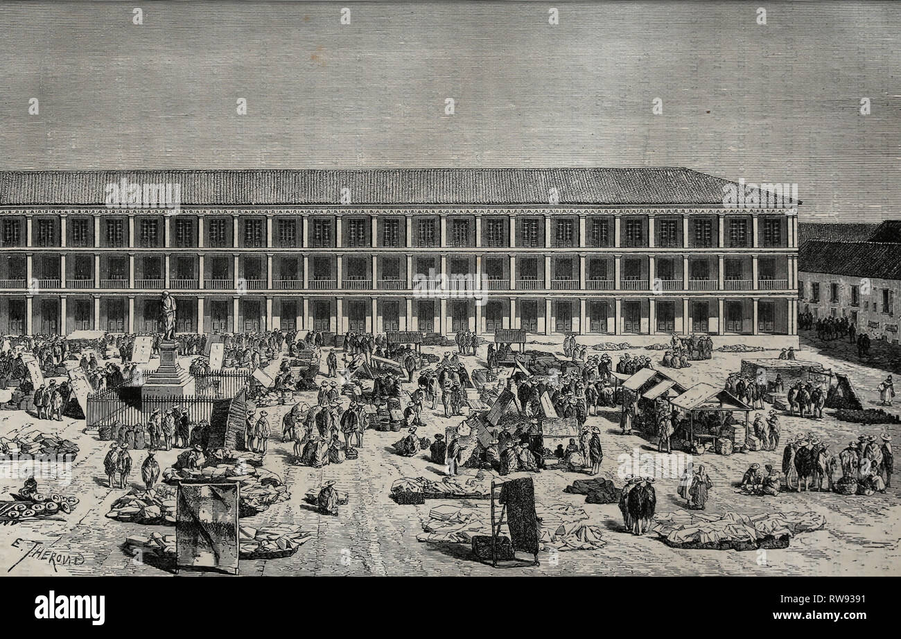 Amerika. Kolumbien. Bogota. Das City House. Gravur, 19. Amerikanischen equinoctial von Ed. Andre. Stockfoto