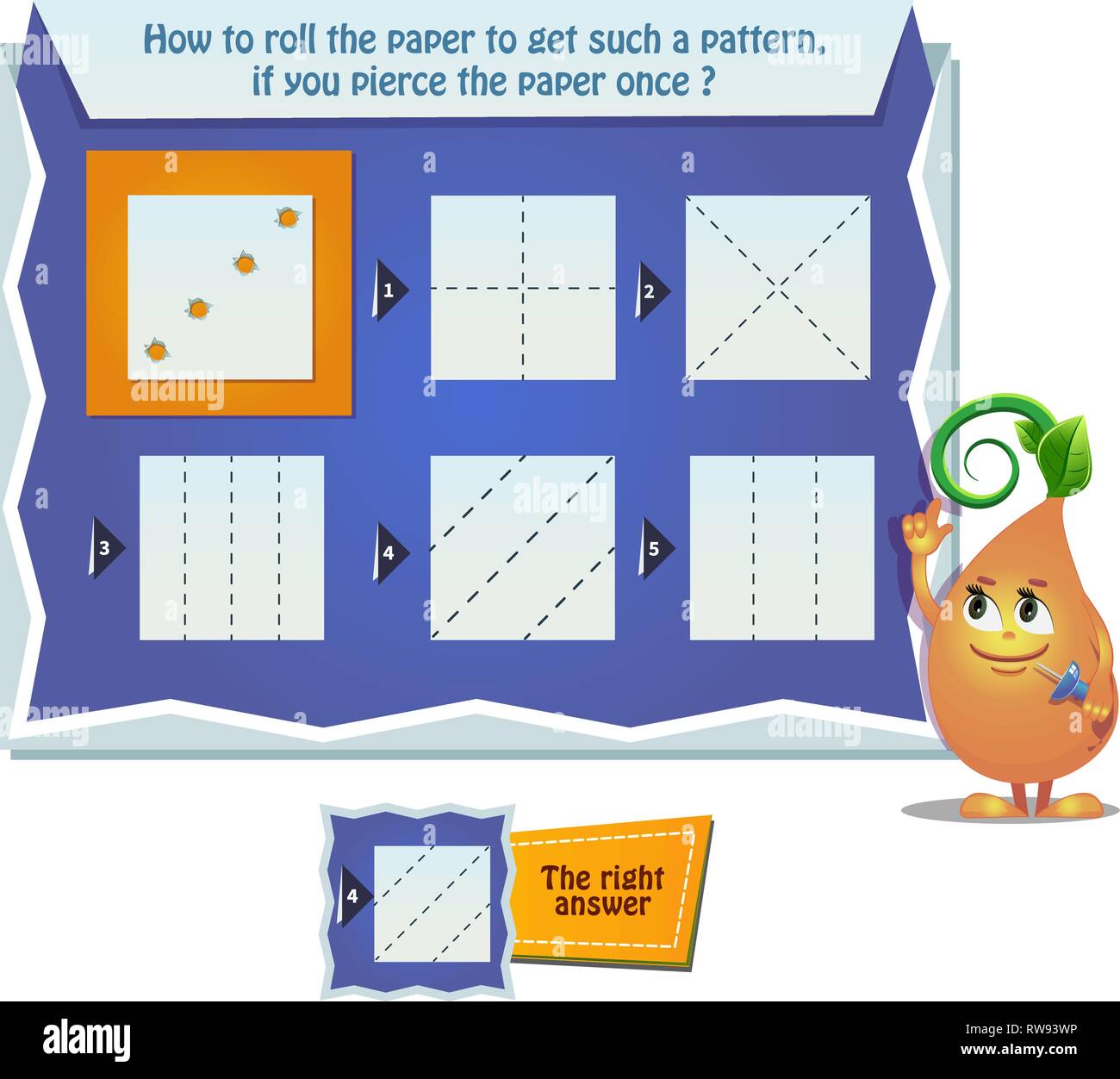 Lernspiel für Kinder, Puzzle. Entwicklung des räumlichen Denkens bei Kindern. Aufgabe Spiel wie das Papier zu rollen ein solches Muster zu erhalten, wenn Sie durchbohren t Stock Vektor