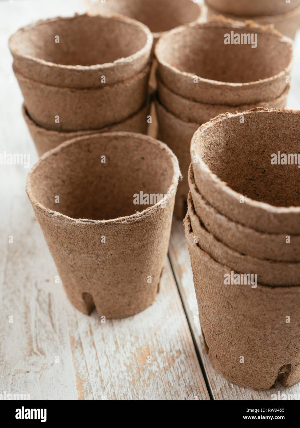 Biologisch abbaubare Torf Pflanzencontainer, die Plastik im Gartenbau zu reduzieren. Stockfoto