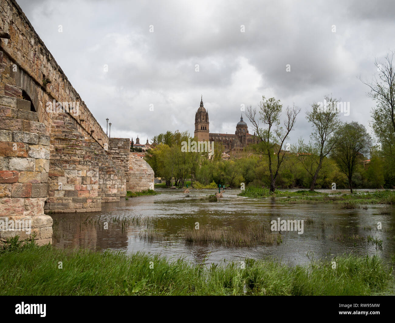 Salamanca Römische Brücke über den Fluss Tornes mit der Skyline im Hintergrund Stockfoto