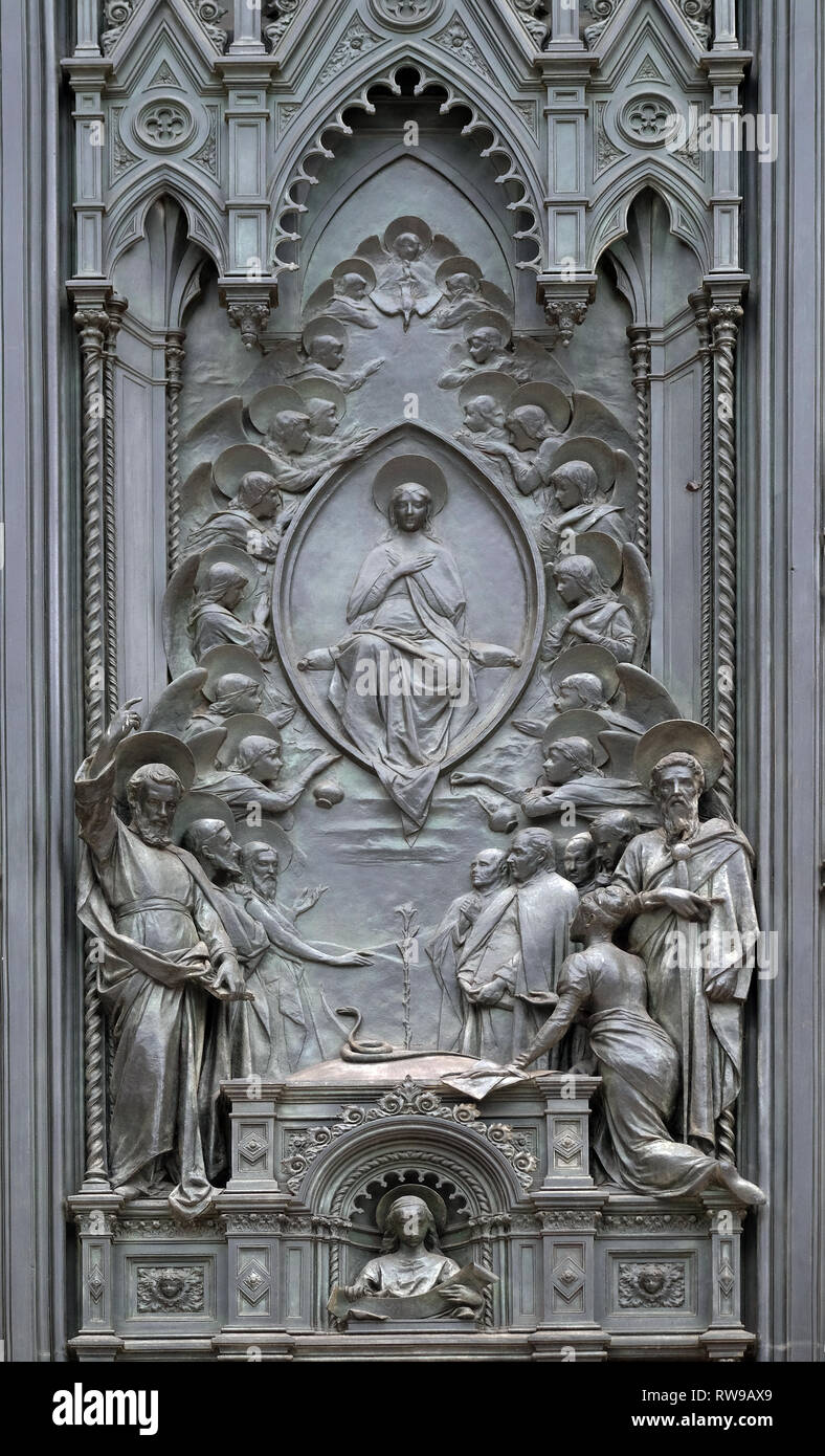 Szenen aus dem Leben Mariens Detail der Tür der Kathedrale Santa Maria del Fiore (Kathedrale der Heiligen Maria der Blume), Florenz, Italien Stockfoto
