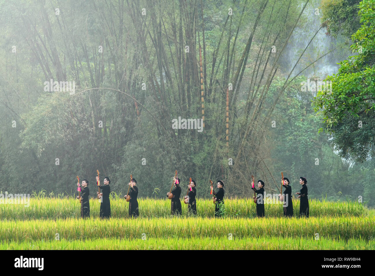 Ethnische Minderheit Mädchen Tay hält Musikinstrumente in Reisfeldern. Tay Menschen leben für eine lange Zeit in der trung Khanh, Cao Bang, Vietnam Stockfoto